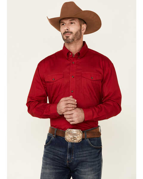 Roper Men's Solid Amarillo Collection Long Sleeve Western Shirt, Red, hi-res