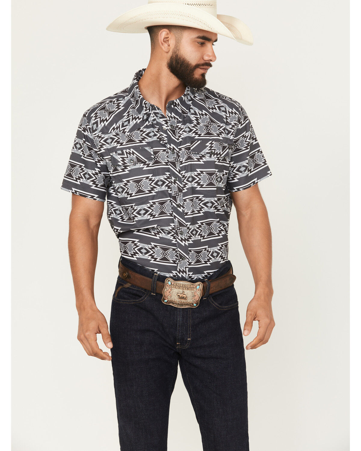 Image #1 - Rock & Roll Denim Men's Boot Barn Exclusive Tek Southwestern Short Sleeve Snap Stretch Western Shirt, Black, hi-res