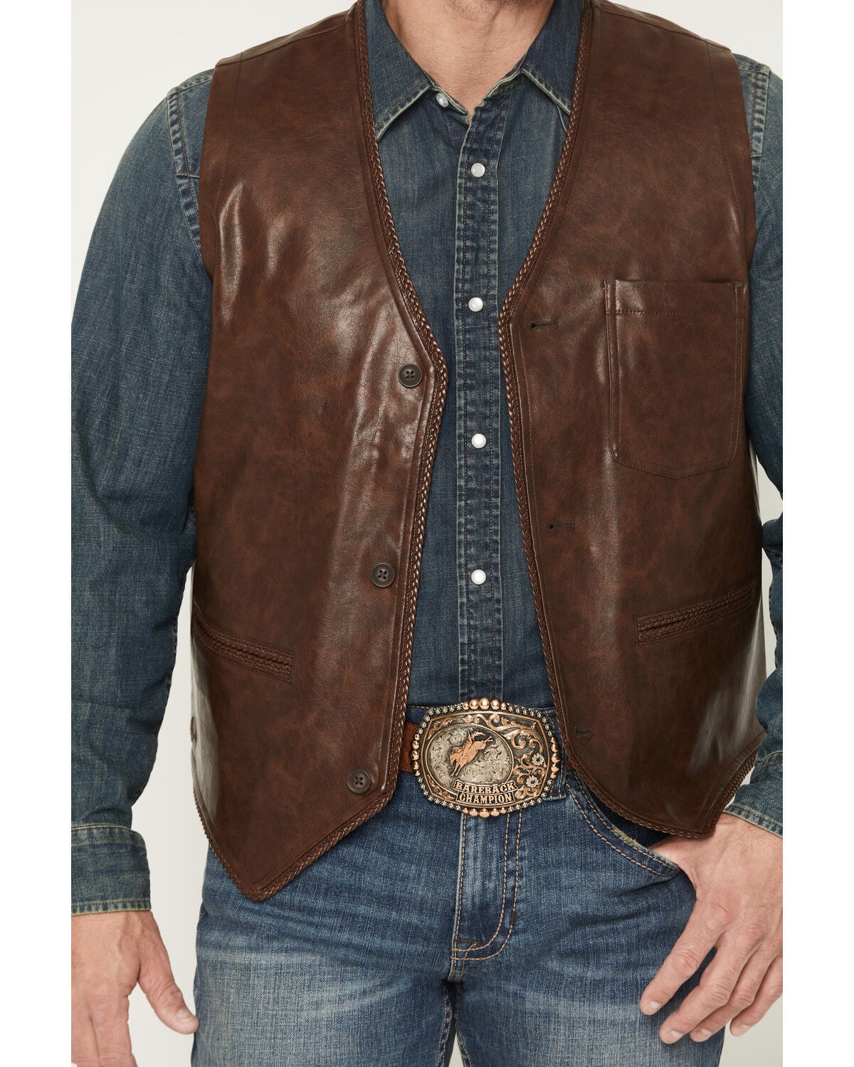 Image #3 - Cody James Men's Hogan Faux Leather Braided Hem Vest, Brown, hi-res
