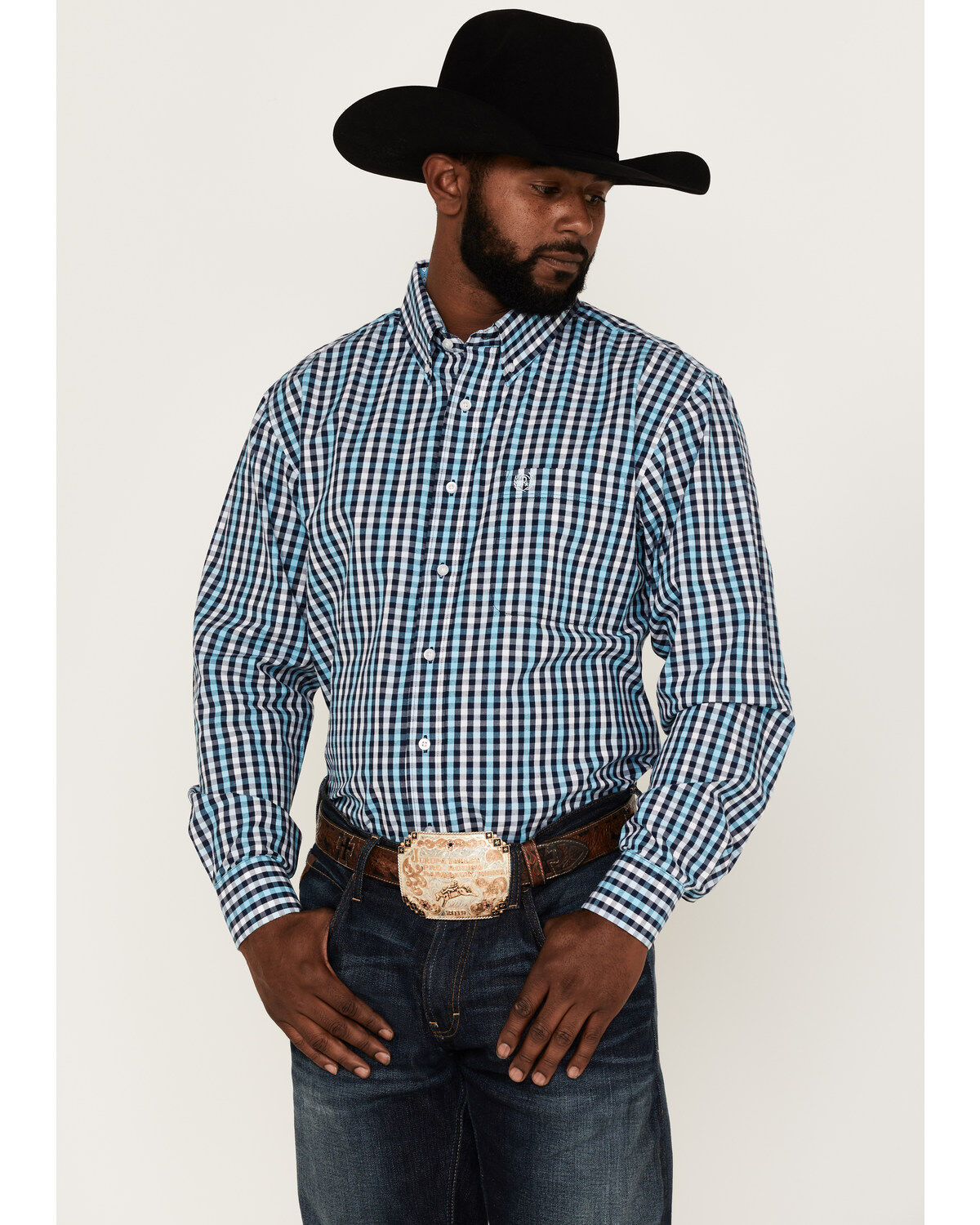 Image #1 - Panhandle Select Men's Check Plaid Print Long Sleeve Button Down Western Shirt, Blue, hi-res