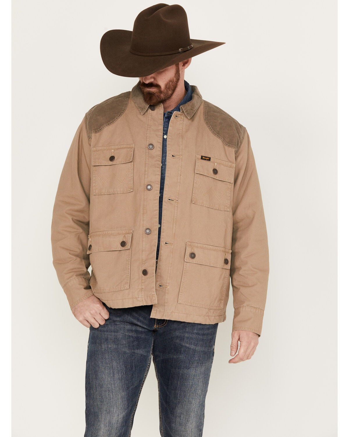 Wrangler Men's Quilted Flannel Lined Western Barn Coat, Tan, hi-res