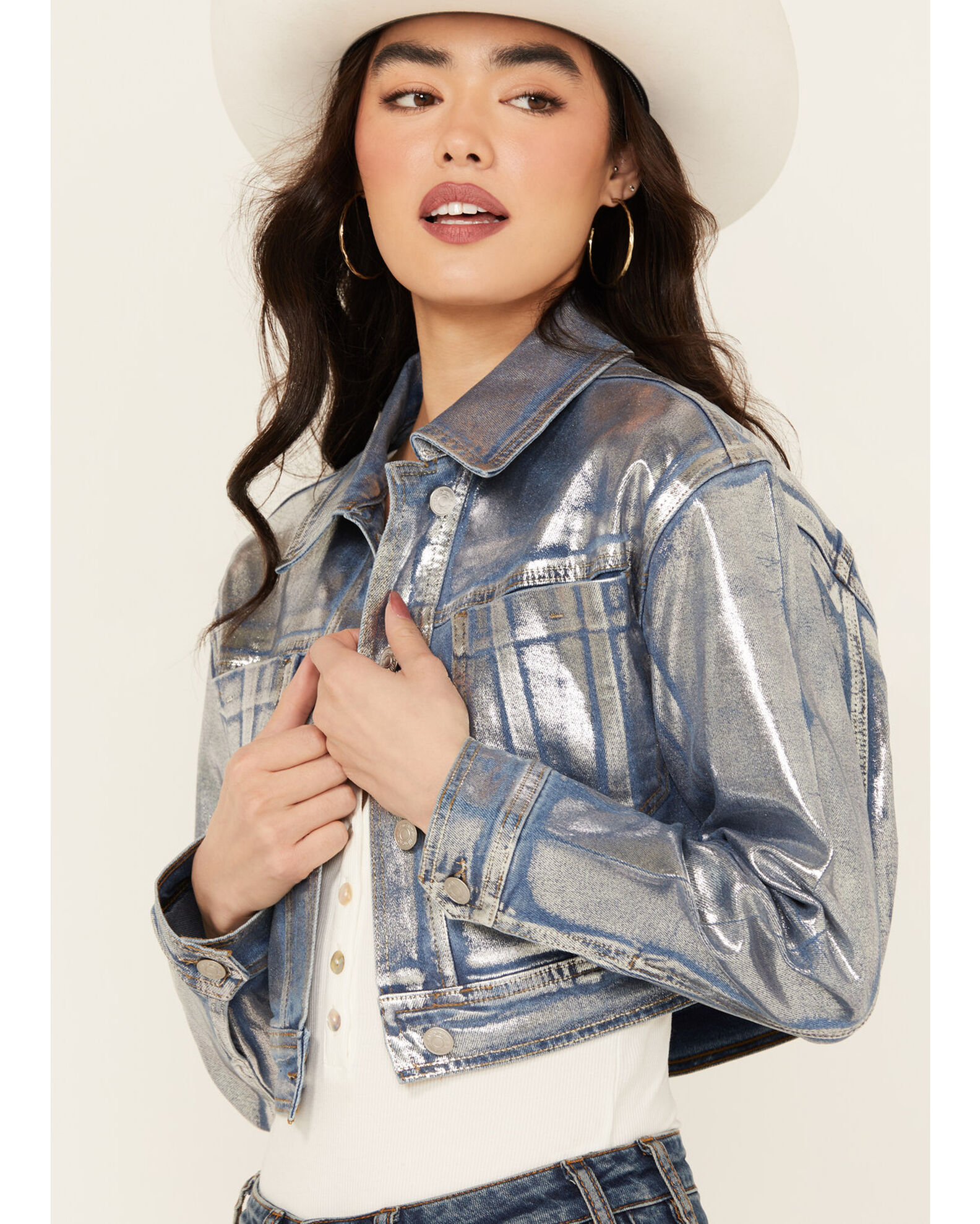 Product Name Vibrant Denim Women s Metallic Cropped Denim Jacket