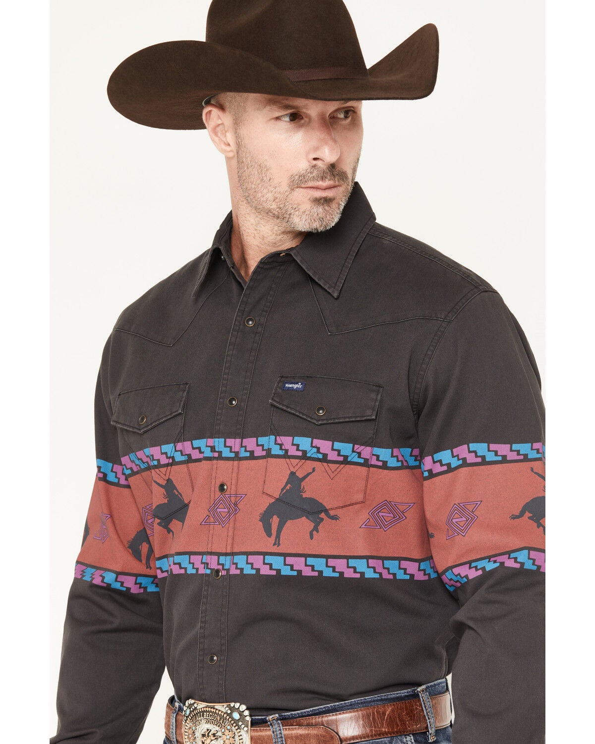 Image #2 - Wrangler Men's Horse Border Long Sleeve Snap Western Shirt, Black, hi-res
