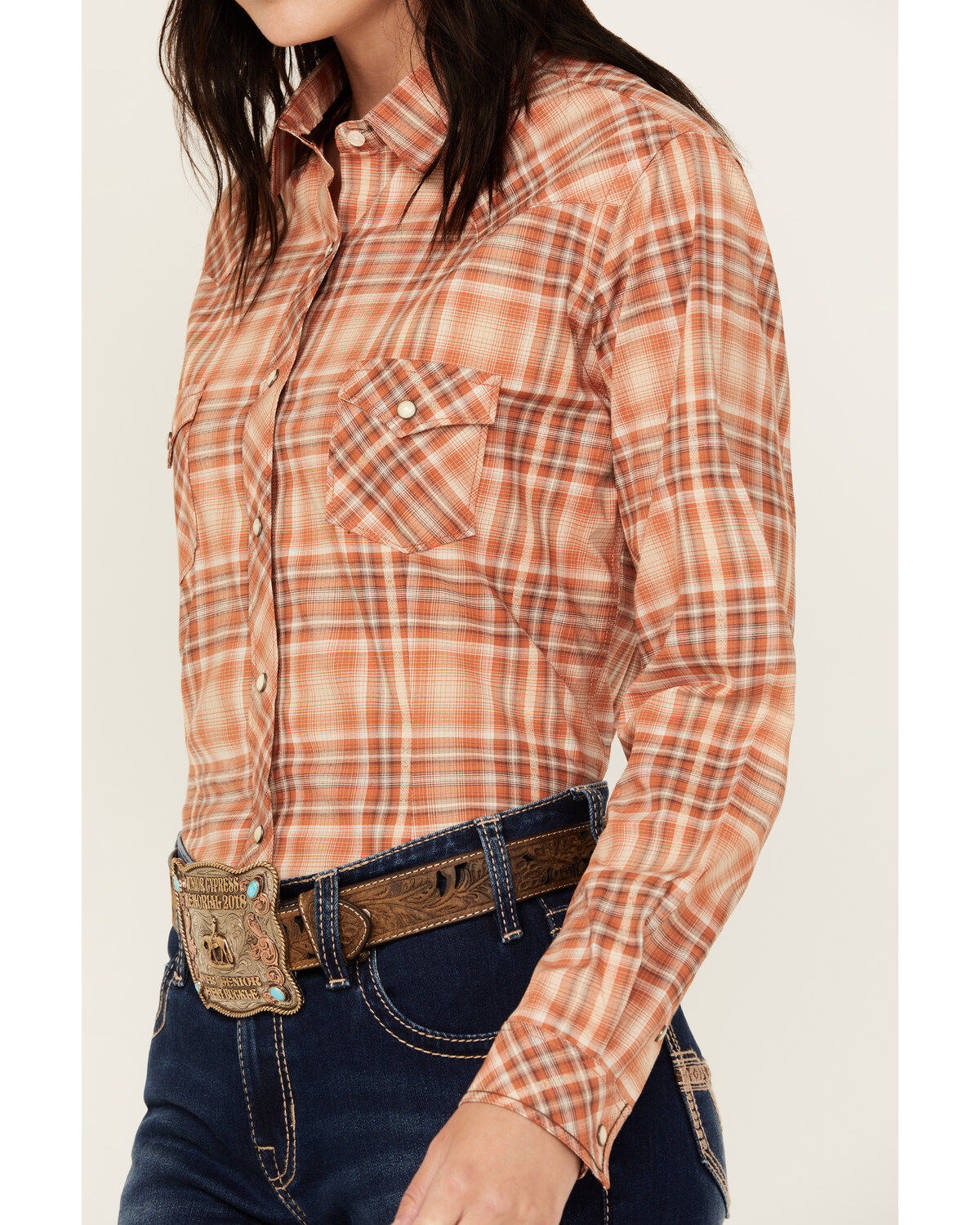 Image #3 - Rough Stock by Panhandle Women's Plaid Print Long Sleeve Snap Western Shirt, Rust Copper, hi-res