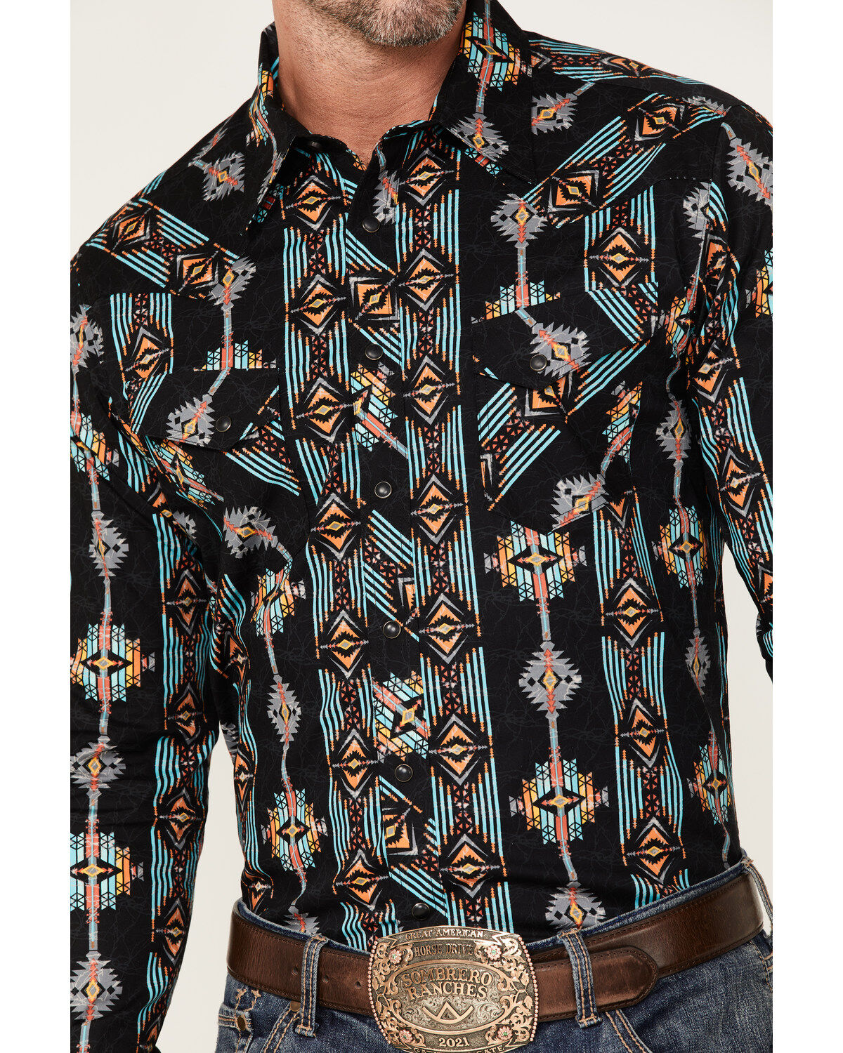 Image #3 - Rock & Roll Denim Men's Vertical Southwestern Print Long Sleeve Snap Western Shirt, Black, hi-res