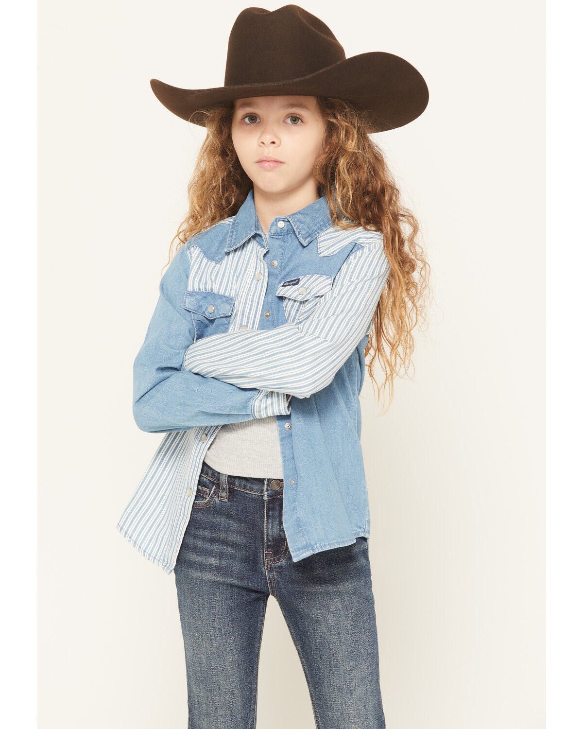 Wrangler Girls' Striped Denim Long Sleeve Snap Western Shirt, Blue, hi-res