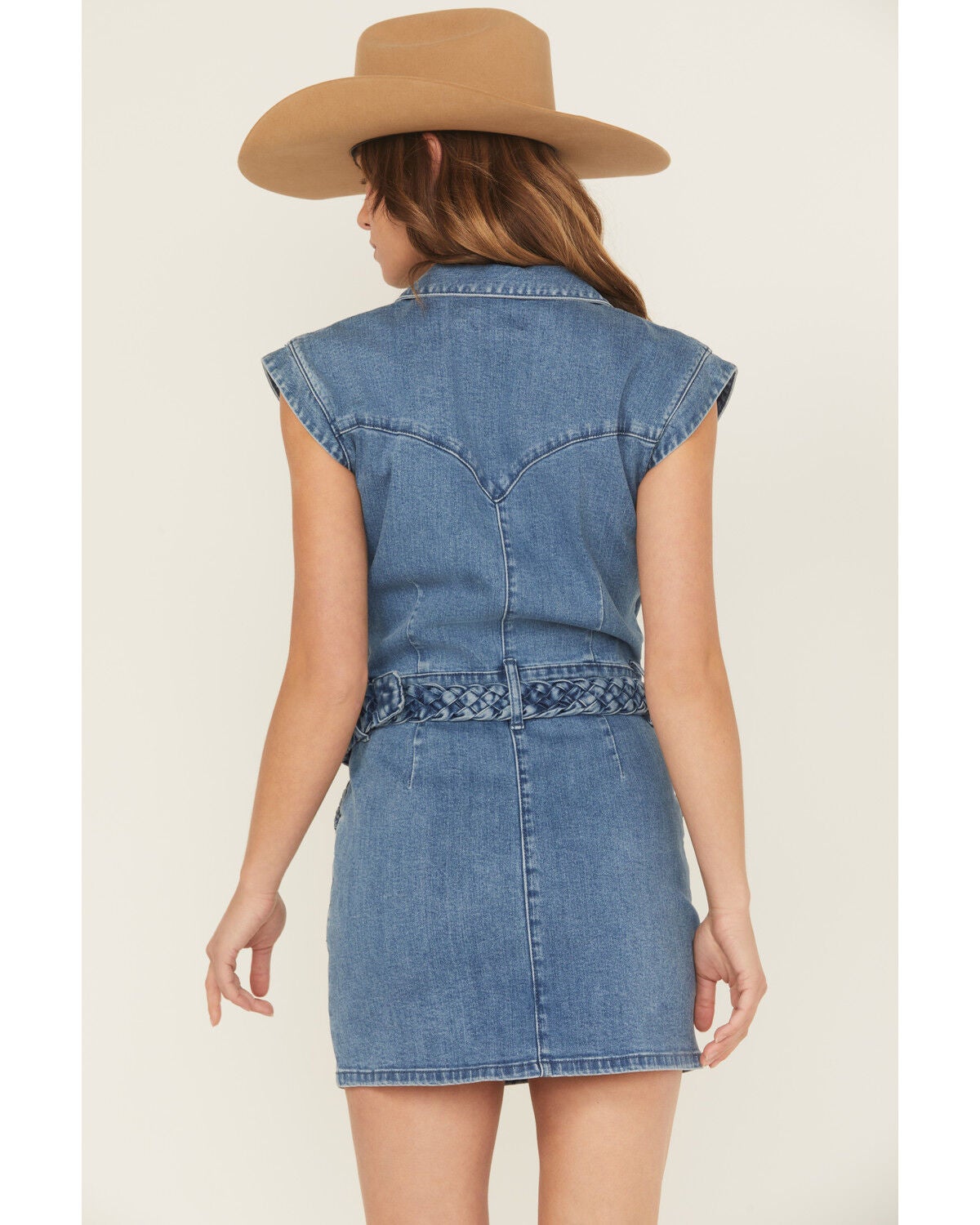 Image #4 - Rock & Roll Denim Women's Medium Wash Braided Short Sleeve Denim Mini Dress, Medium Wash, hi-res