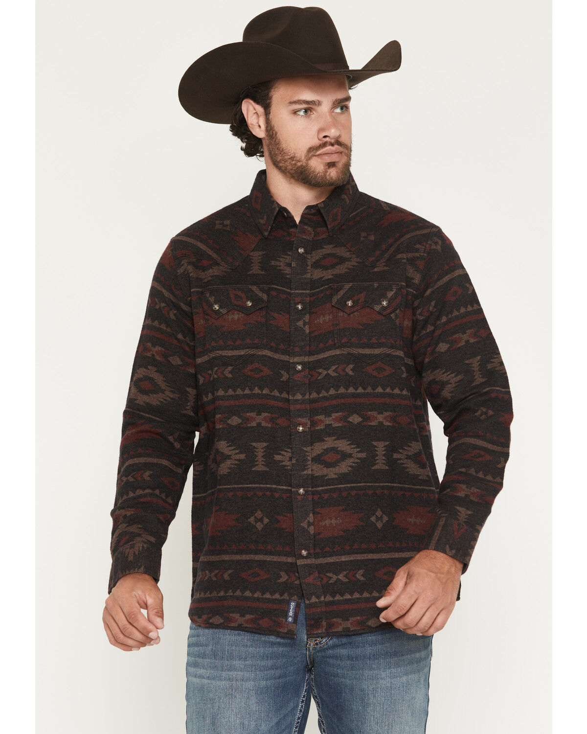 Image #1 - Moonshine Spirit Men's Antler Southwestern Print Long Sleeve Snap Flannel Shirt, Burgundy, hi-res