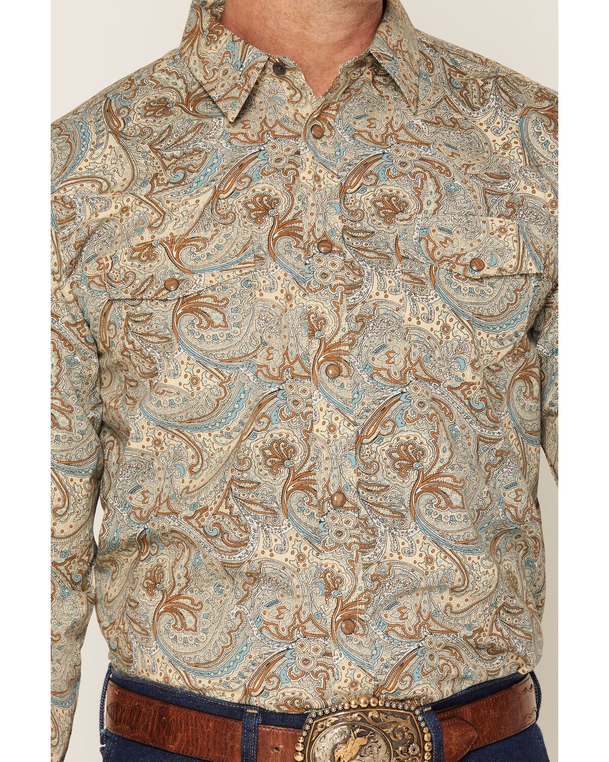 Image #3 - Gibson Trading Co Men's Feelin' Good Paisley Print Long Sleeve Snap Western Shirt - Tall, Aqua, hi-res