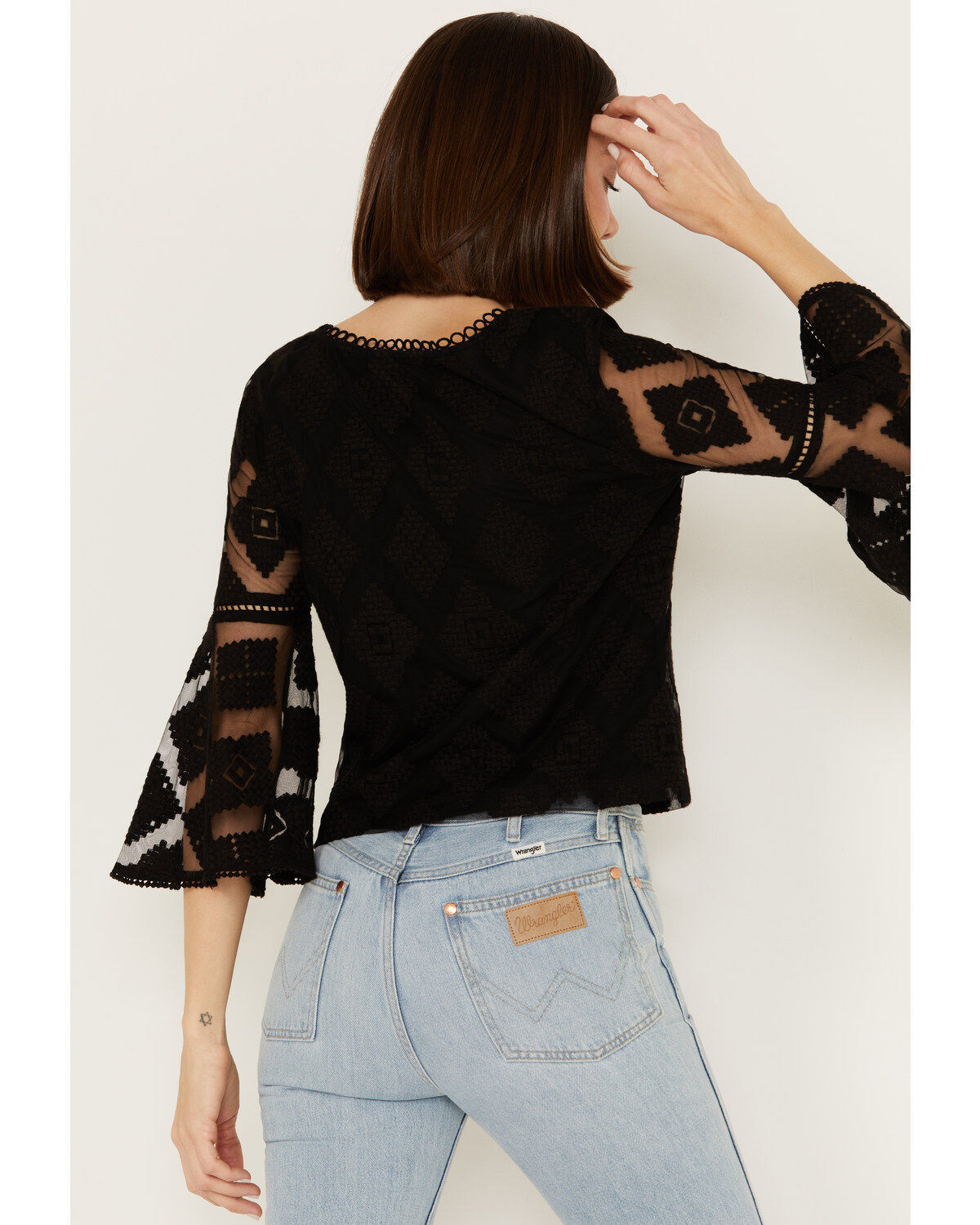 Image #4 - Shyanne Women's Diamond Embroidered Mesh Top, Black, hi-res