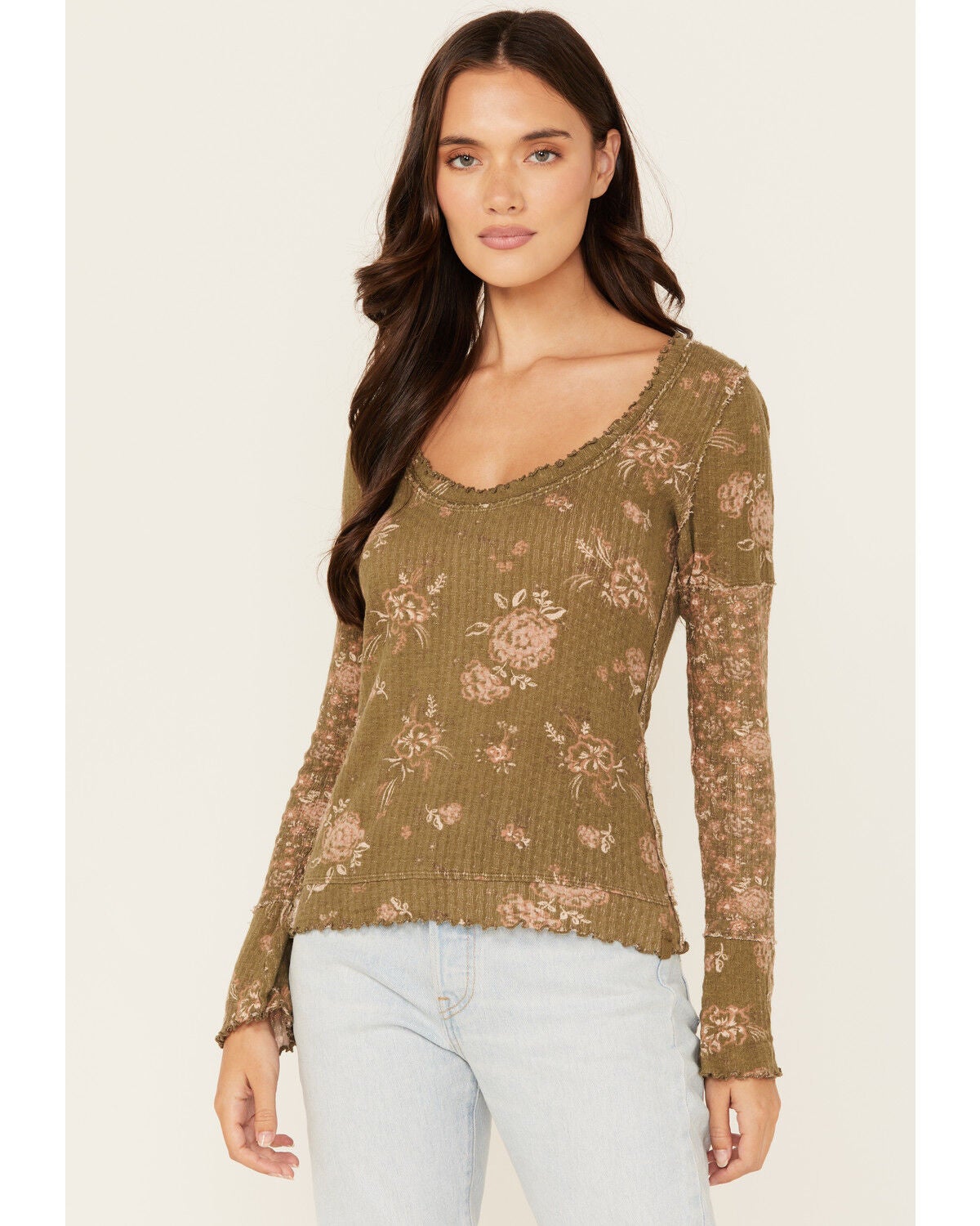 Free People Women's Clover Printed Thermal Long Sleeve Shirt, Green, hi-res