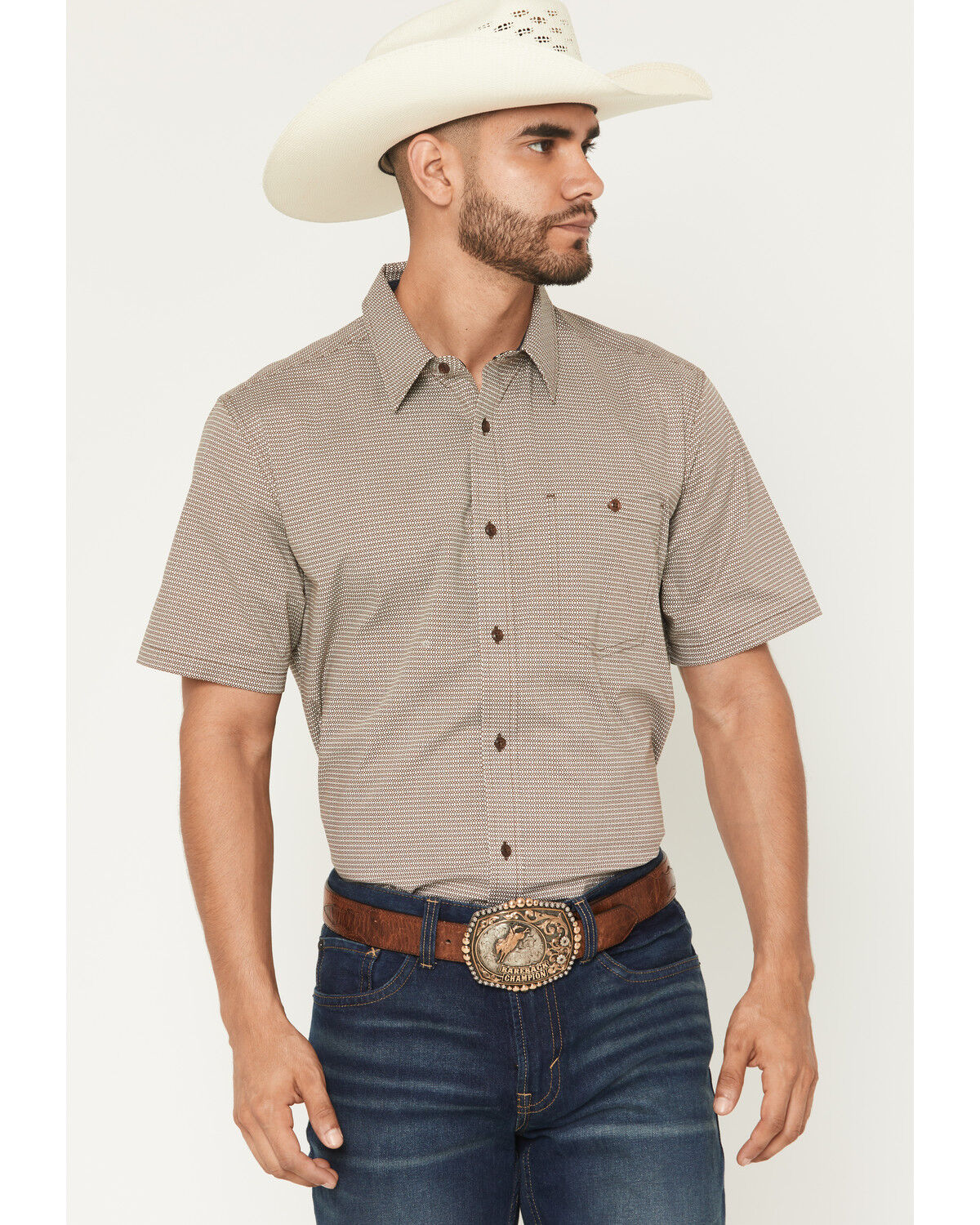 Image #1 - RANK 45® Men's Canyon Echo Micro Geo Print Short Sleeve Button-Down Stretch Western Shirt, Lt Brown, hi-res
