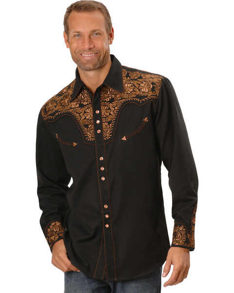 Scully Men's Embroidered Gunfighter Long Sleeve Snap Western Shirt , Black, hi-res
