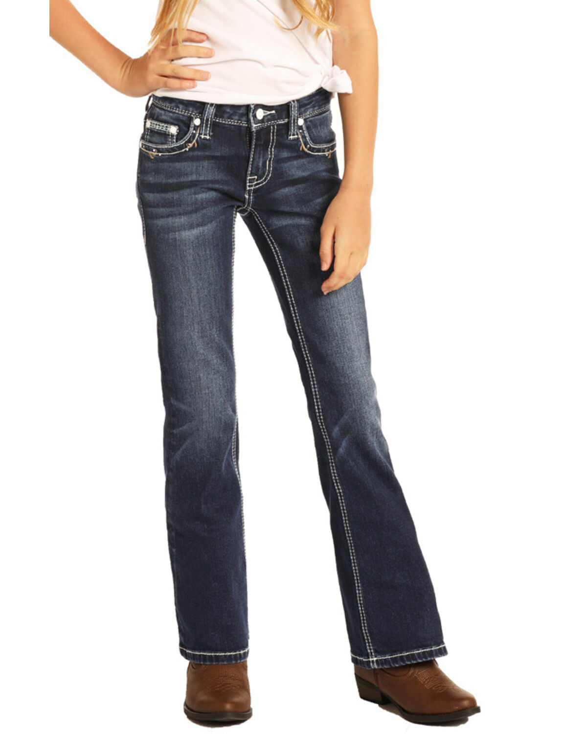 Image #1 - Rock & Roll Denim Girls' Feather Embroidered Bootcut Jeans, , hi-res