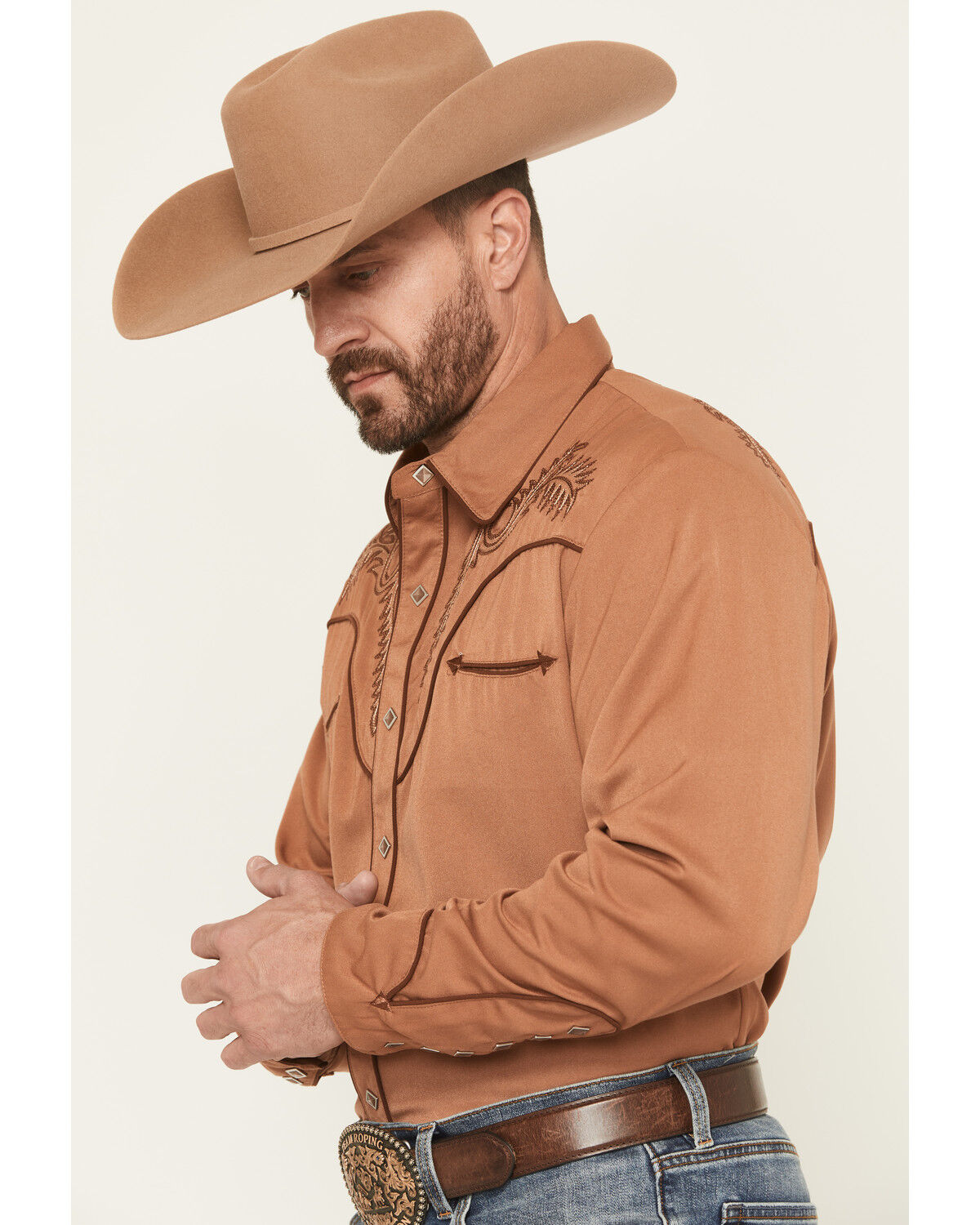 Image #2 - Scully Men's Embroidered Long Sleeve Snap Western Shirt - Big, Brown, hi-res