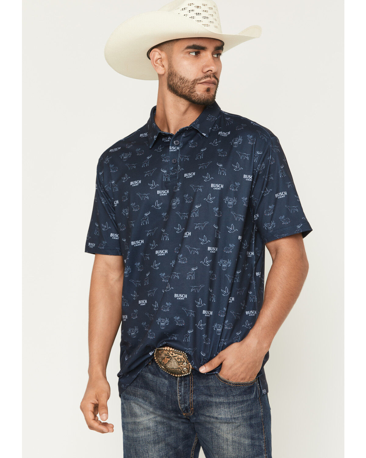 Image #2 - Buckwear Men's Busch Light Repeat Short Sleeve Polo, Navy, hi-res