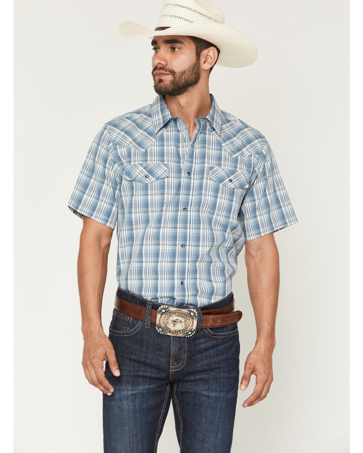 Cody James Men's Briggs Plaid Print Short Sleeve Snap Western Shirt, Blue, hi-res
