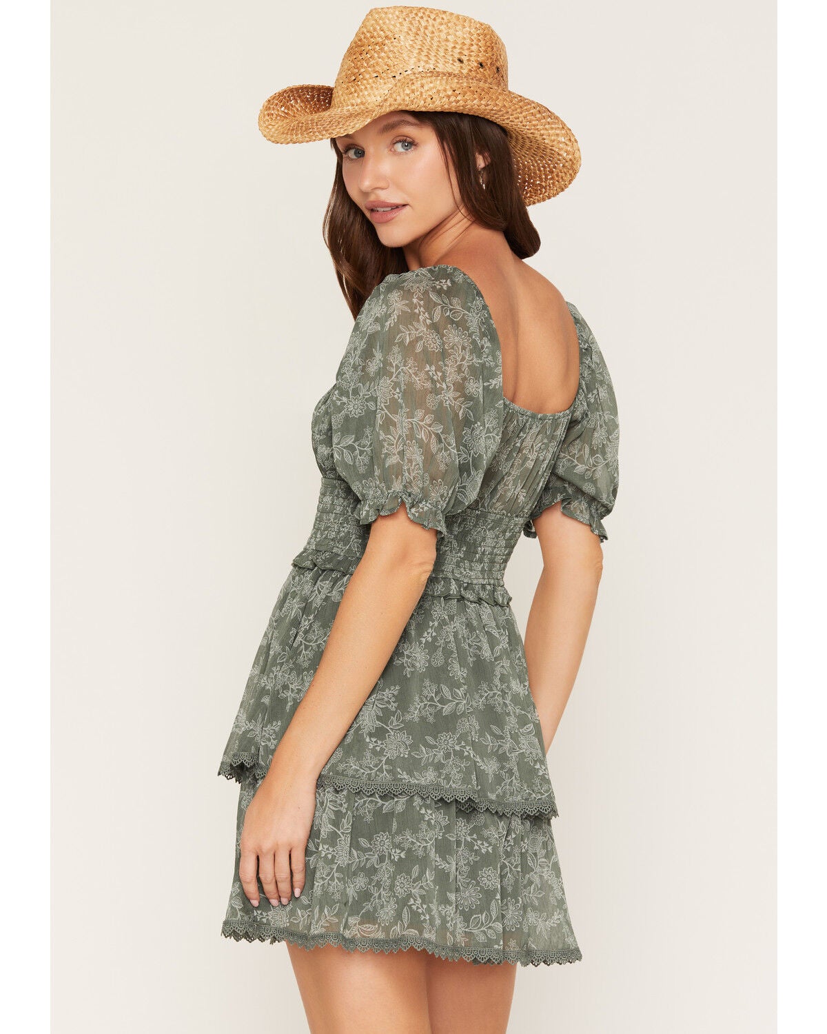 trixxi dress green Trixxi Women's Floral Print Smocked Waist Tiered Mini Dress