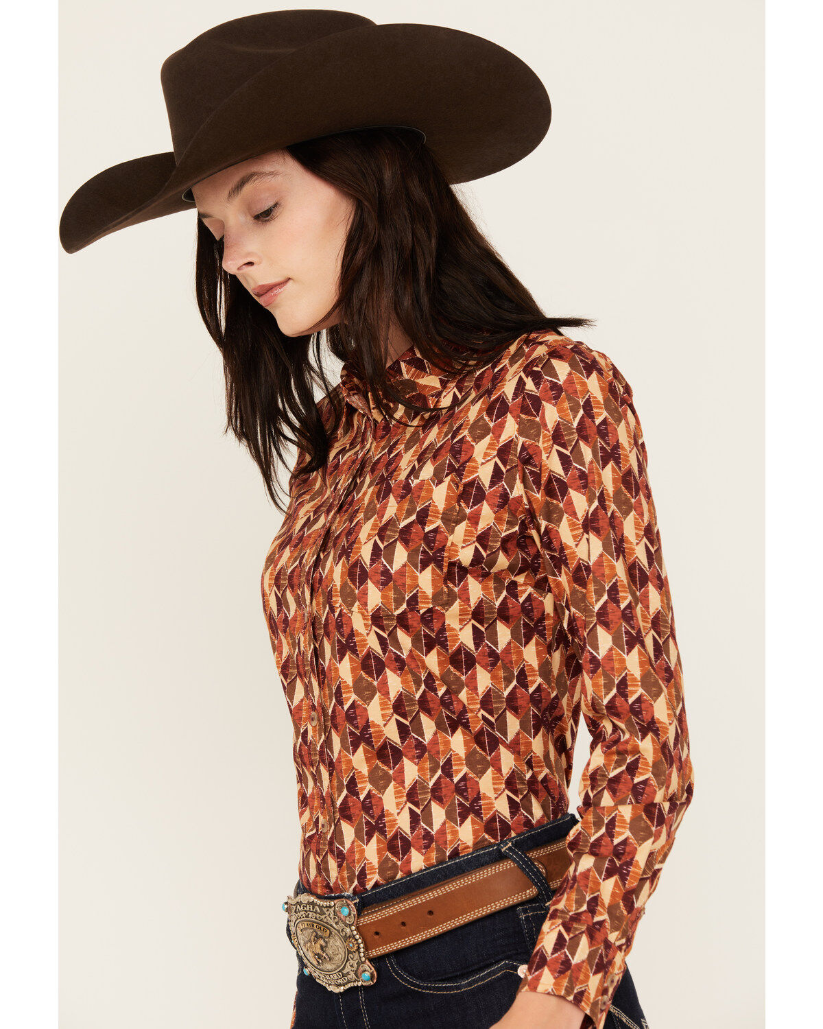 Image #2 - Shyanne Women's Diamond Printed Long Sleeve Button-Down Stretch Western Riding Shirt, Caramel, hi-res