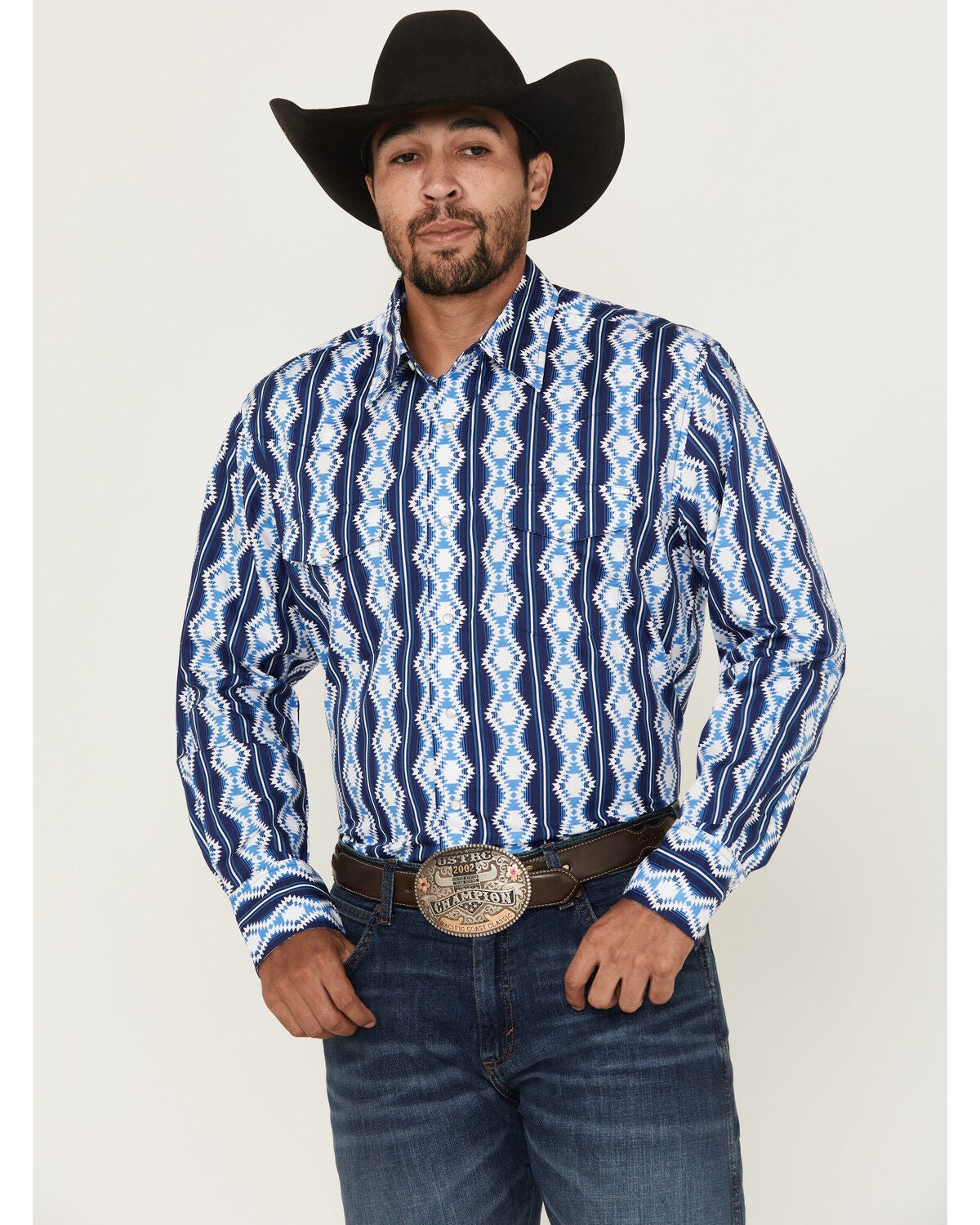 Wrangler Men's Checotah Southwestern Print Long Sleeve Snap Western Shirt, Blue, hi-res