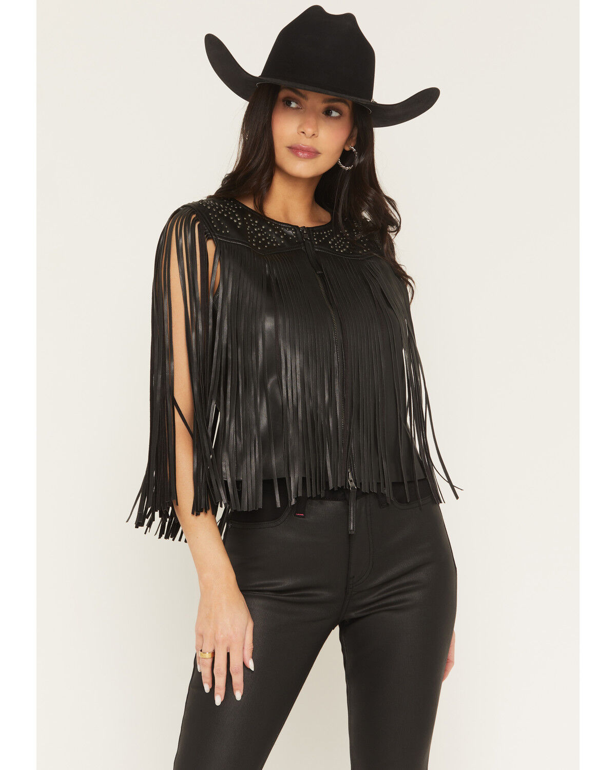 Idyllwind Women's Arlene Studded and Fringe Faux Leather Vest, Black, hi-res