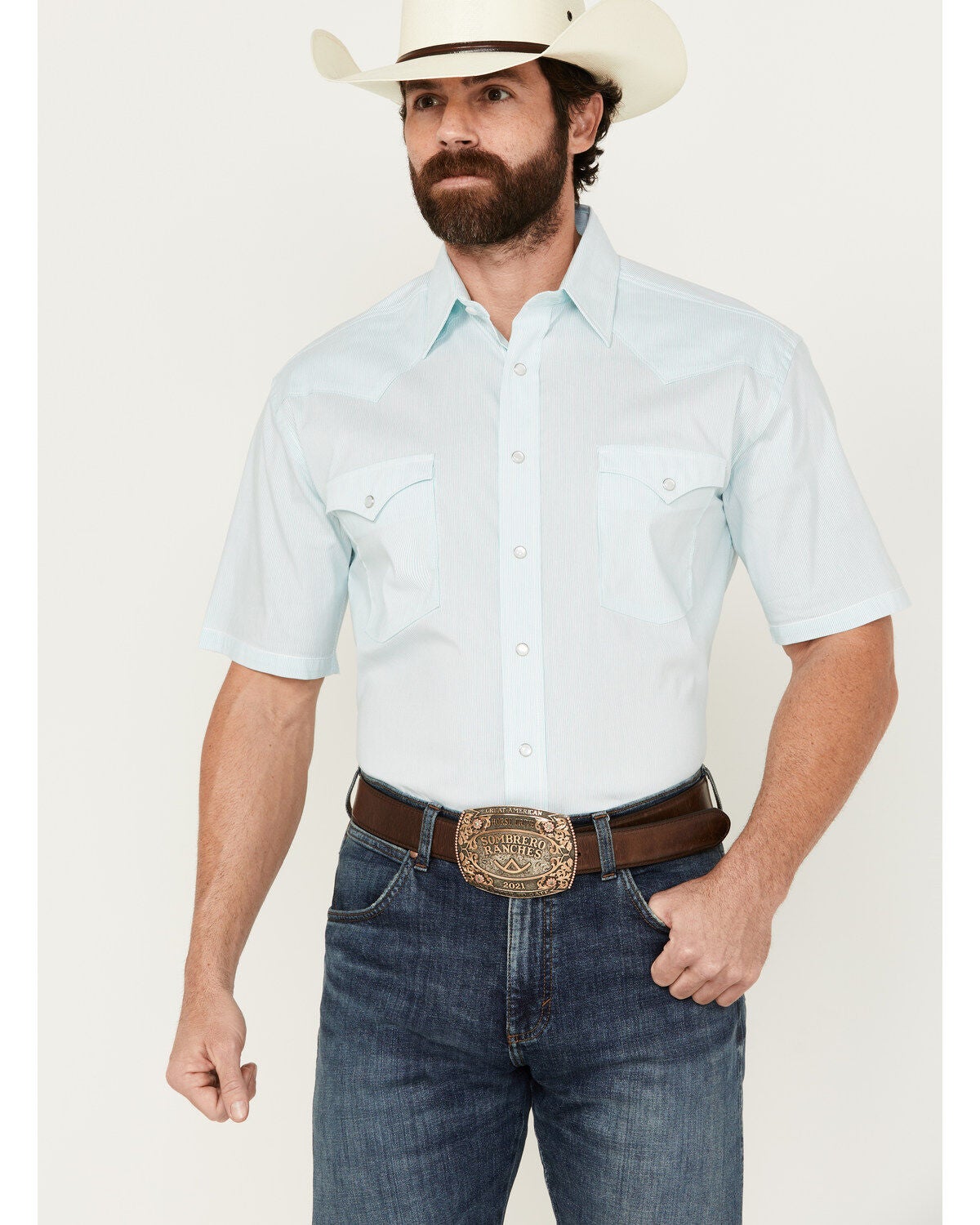 Panhandle Men's Micro Vertical Striped Short Sleeve Pearl Snap Western Shirt, Mint, hi-res