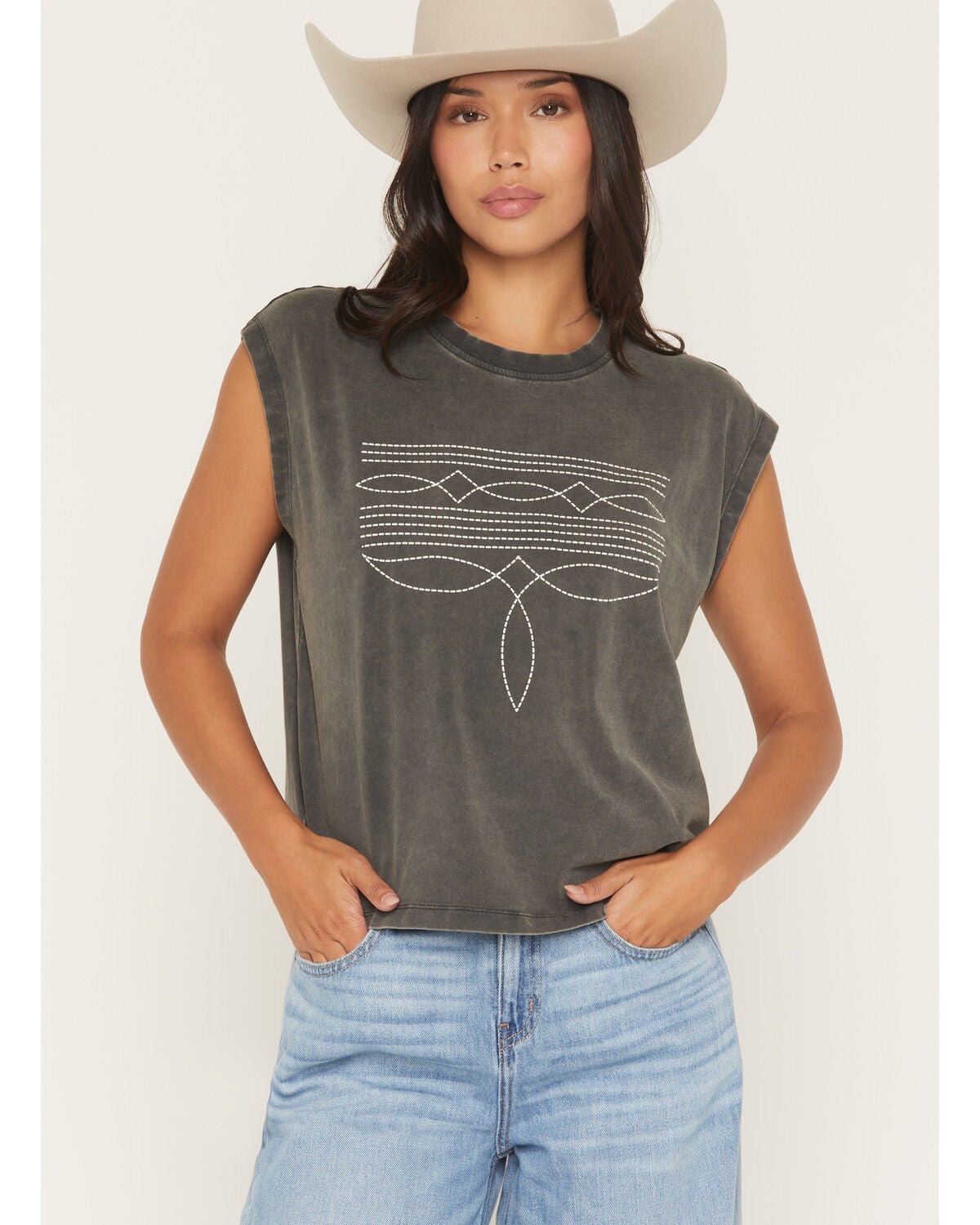 Image #1 - Ariat Women's Bootstitch Sleeveless Cropped Tee, Black, hi-res