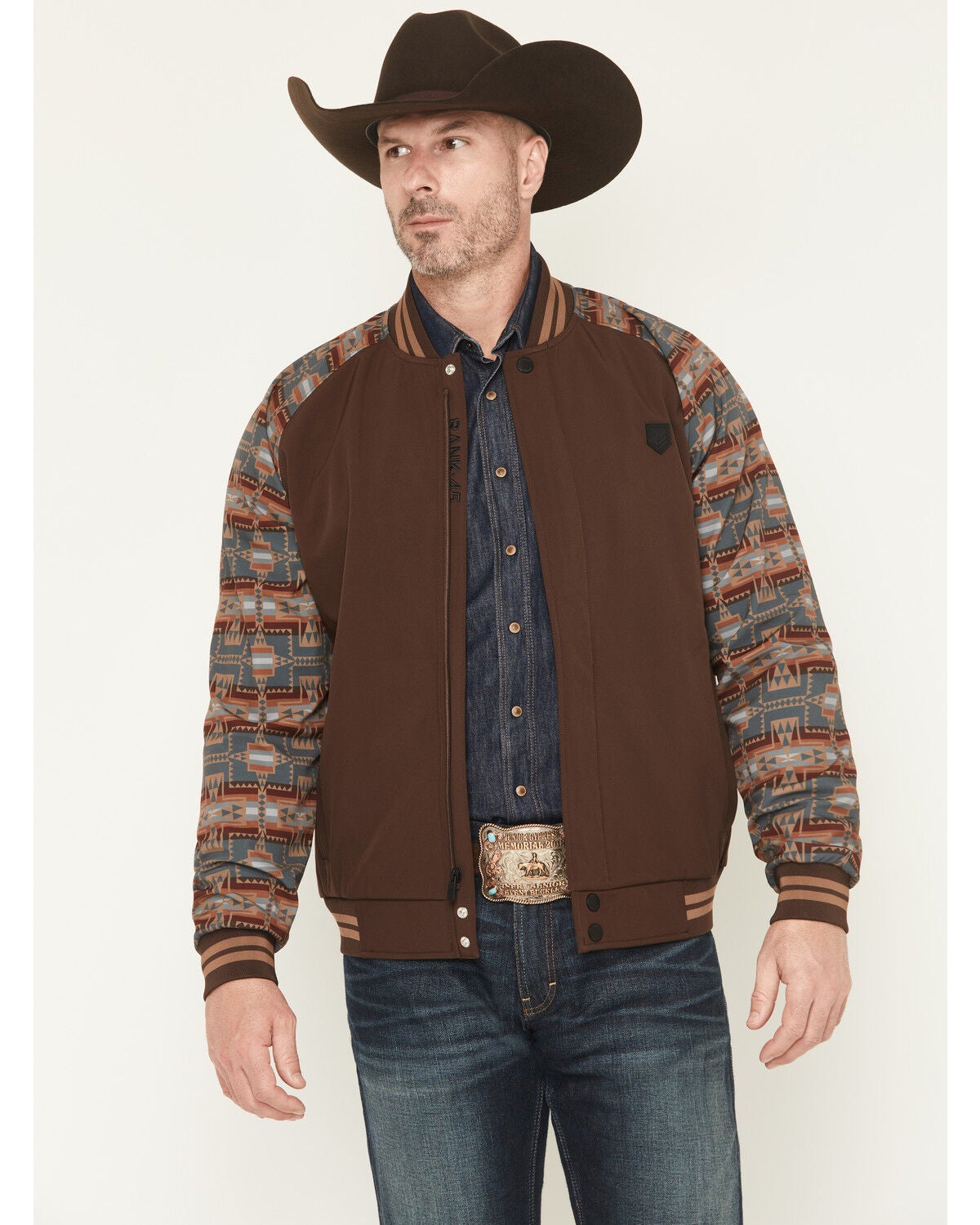 RANK 45&reg; Men's Calgary Southwestern Colorblock Varsity Softshell Jacket, Brown, hi-res