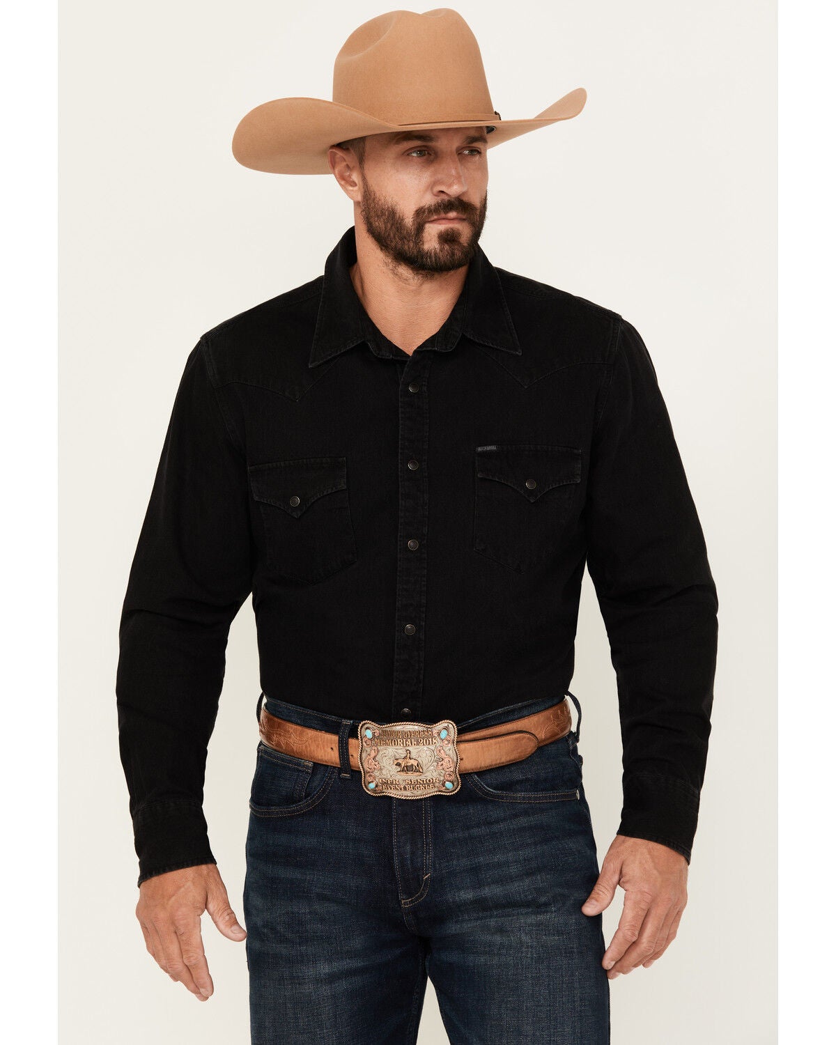 Rock & Roll Denim Men's Denim Long Sleeve Snap Western Shirt, Black, hi-res