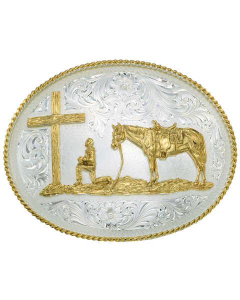Montana Silversmiths Silver Engraved Christian Cowboy Western Belt Buckle, Silver, hi-res