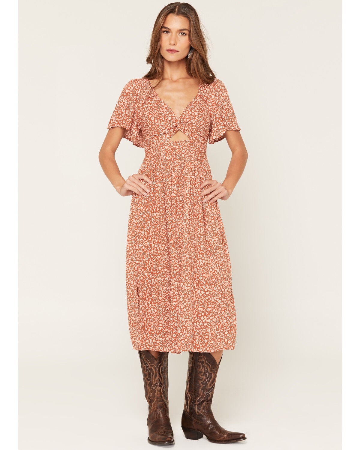 Angie Women's Floral Print Front Twist Midi Dress, Rust Copper, hi-res