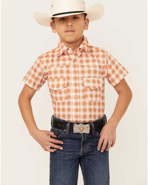 Cowboy Hardware Boys' Gradient Square Short Sleeve Snap Western Shirt , Orange, hi-res