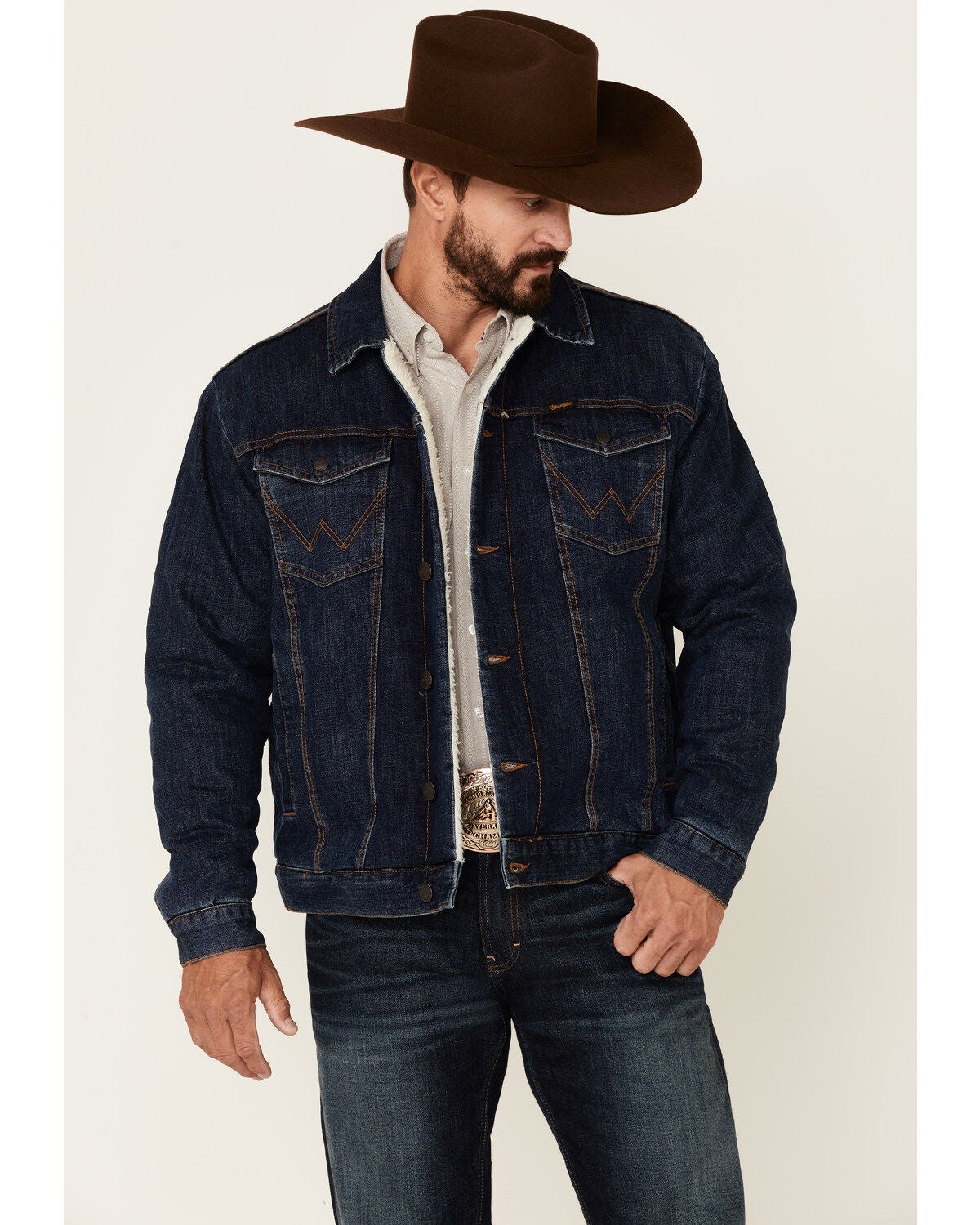 Image #1 - Wrangler Retro Men's Frontier Medium Wash Sherpa Lined Button Down Denim Jacket , , hi-res