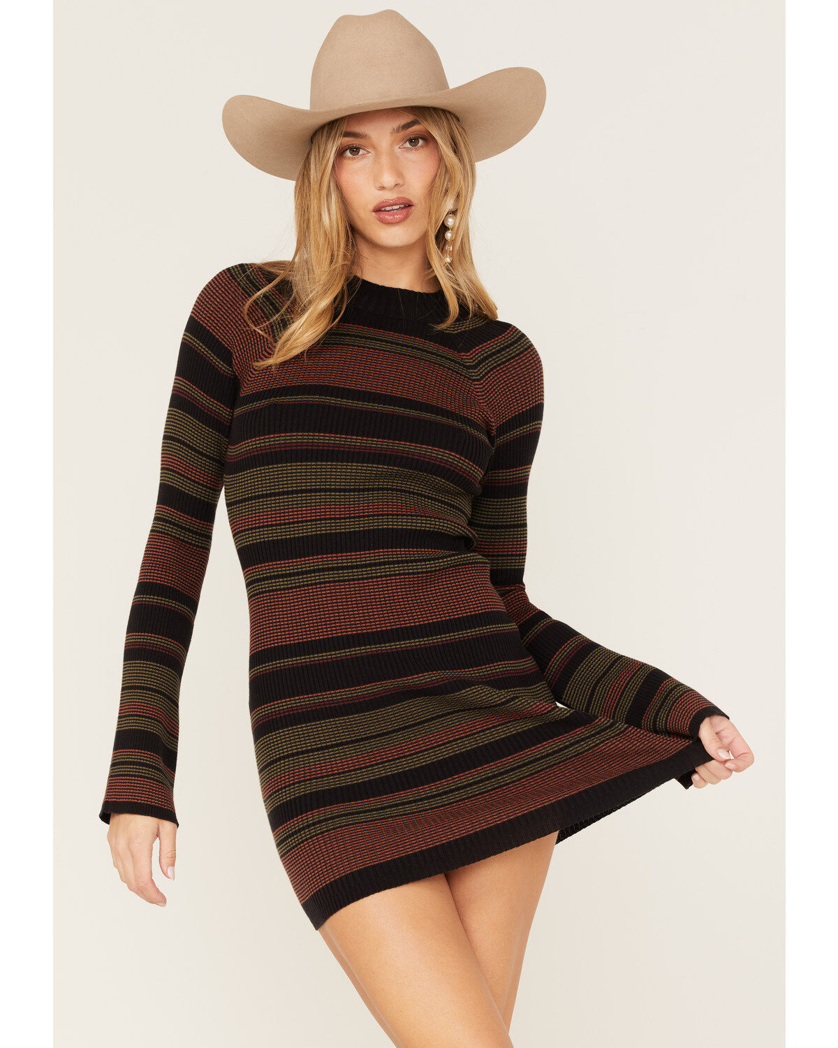 Image #1 - Shyanne Women's Stripe Ribbed Sweater Mini Dress, Black, hi-res