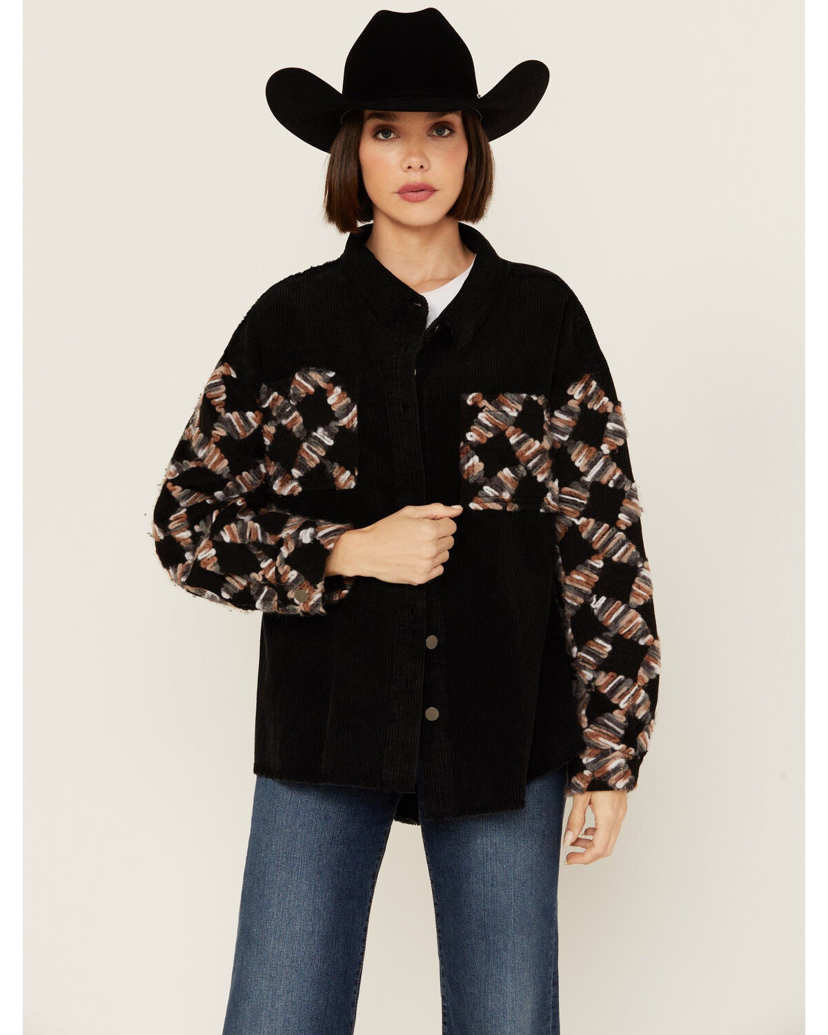 POL Women's Ribbon Detail Shacket, Black, hi-res