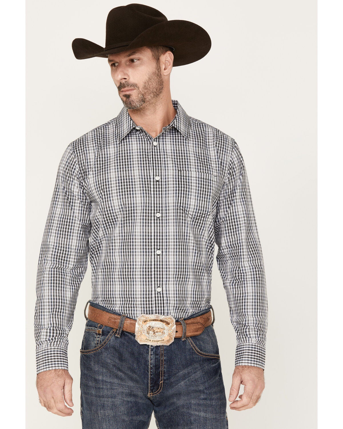 Gibson Men's Wallace Plaid Print Long Sleeve Button-Down Western Shirt, White, hi-res
