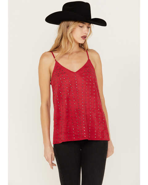 Vocal Women's Studded Faux Suede Cami Top, Red, hi-res