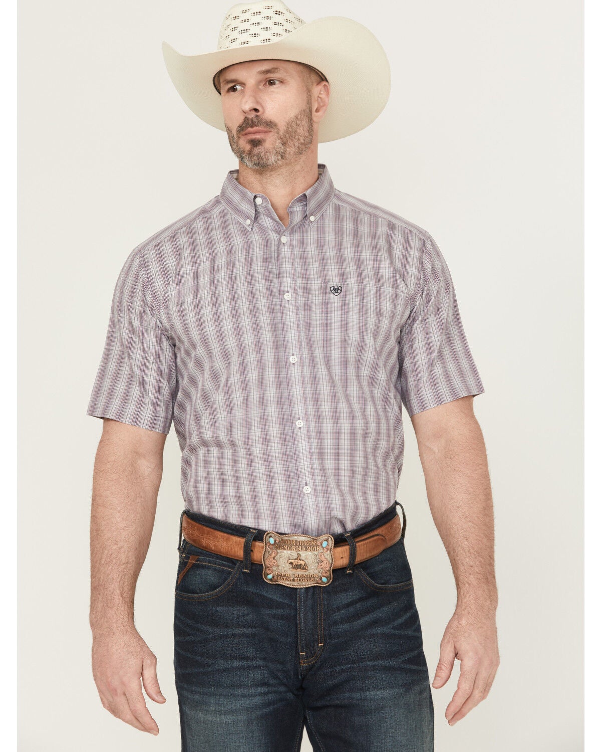 Ariat Men's Roy Plaid Print Short Sleeve Button-Down Western Shirt, Grey, hi-res