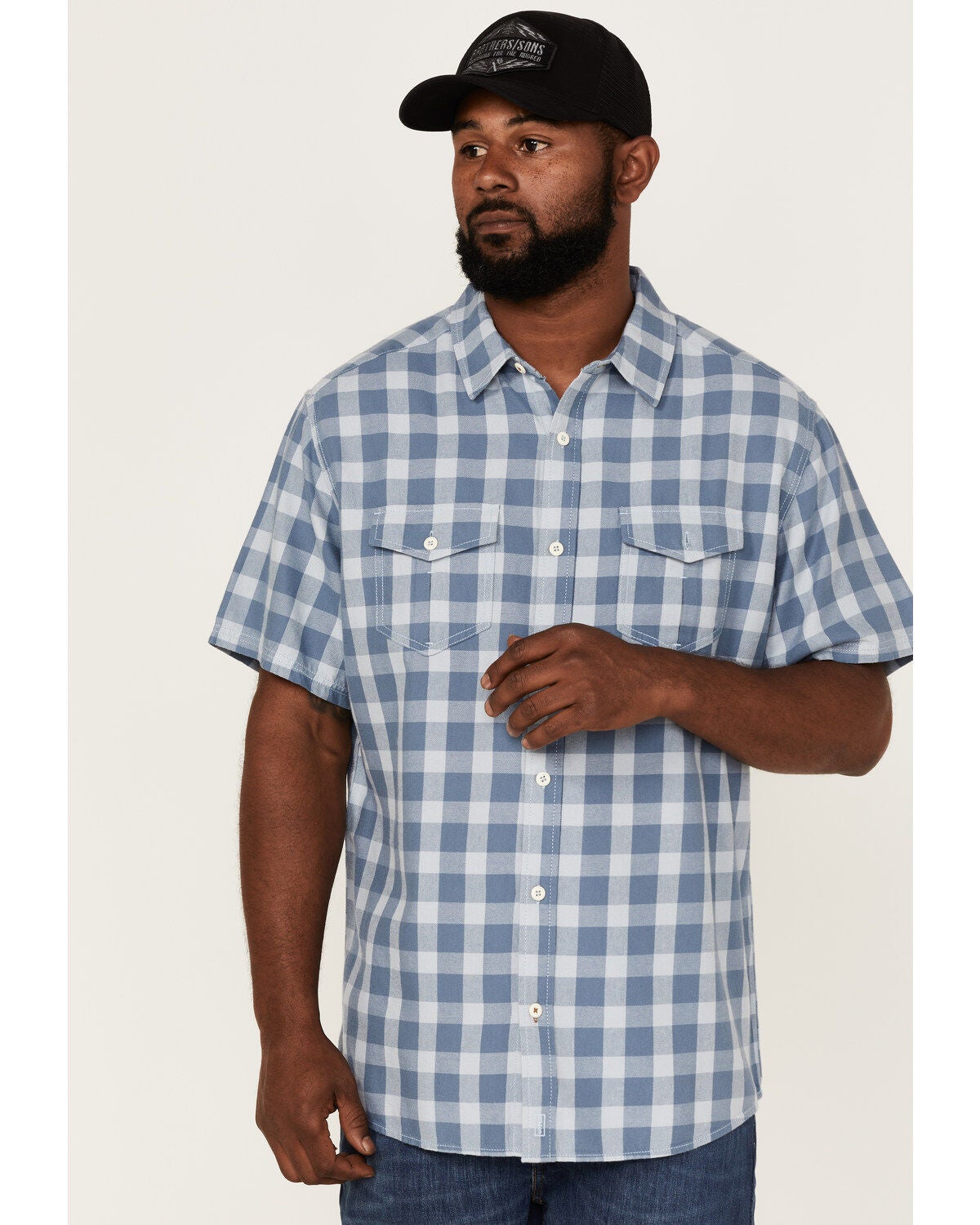 Brothers and Sons Men's Buffalo Check Plaid Short Sleeve Button Down Western Shirt, Indigo, hi-res