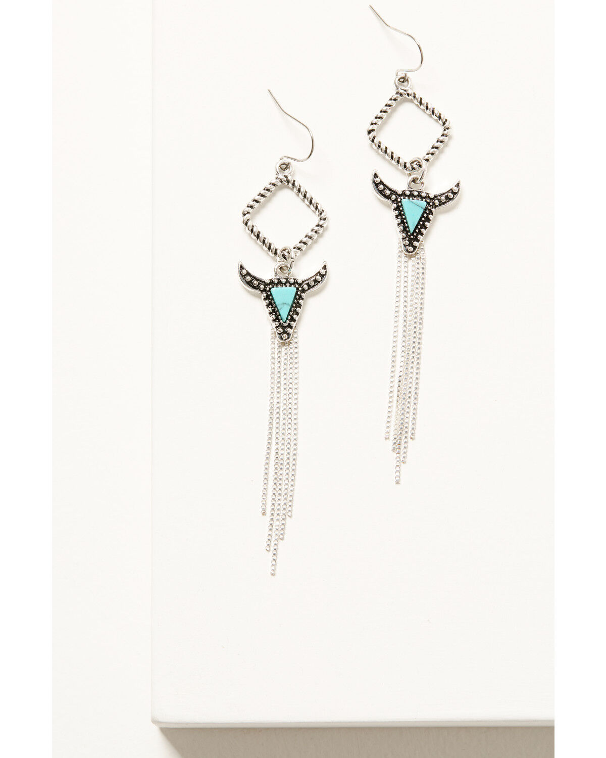 Image #1 - Shyanne Women's Turquoise-Toned Steer Head Fringe Earrings, Silver, hi-res