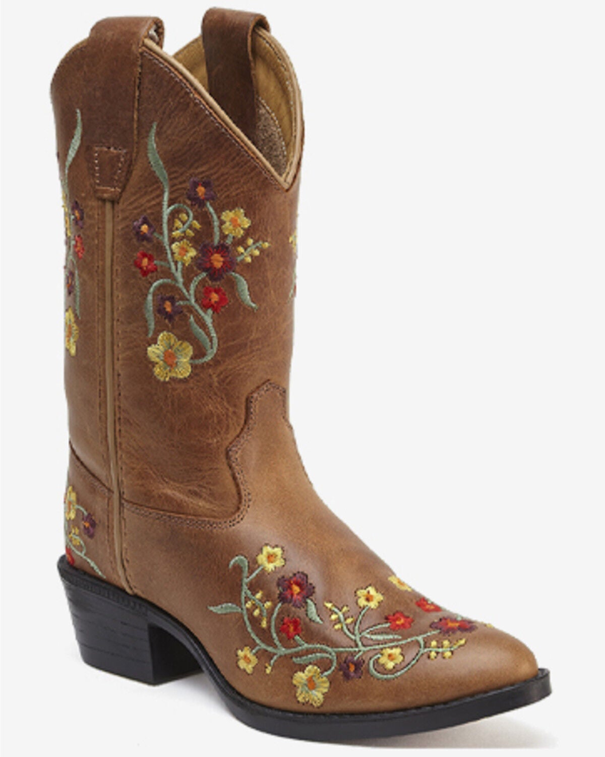 Old West Little Girls' Floral Embroidered Western Boots - Round Toe, Lt Brown, hi-res