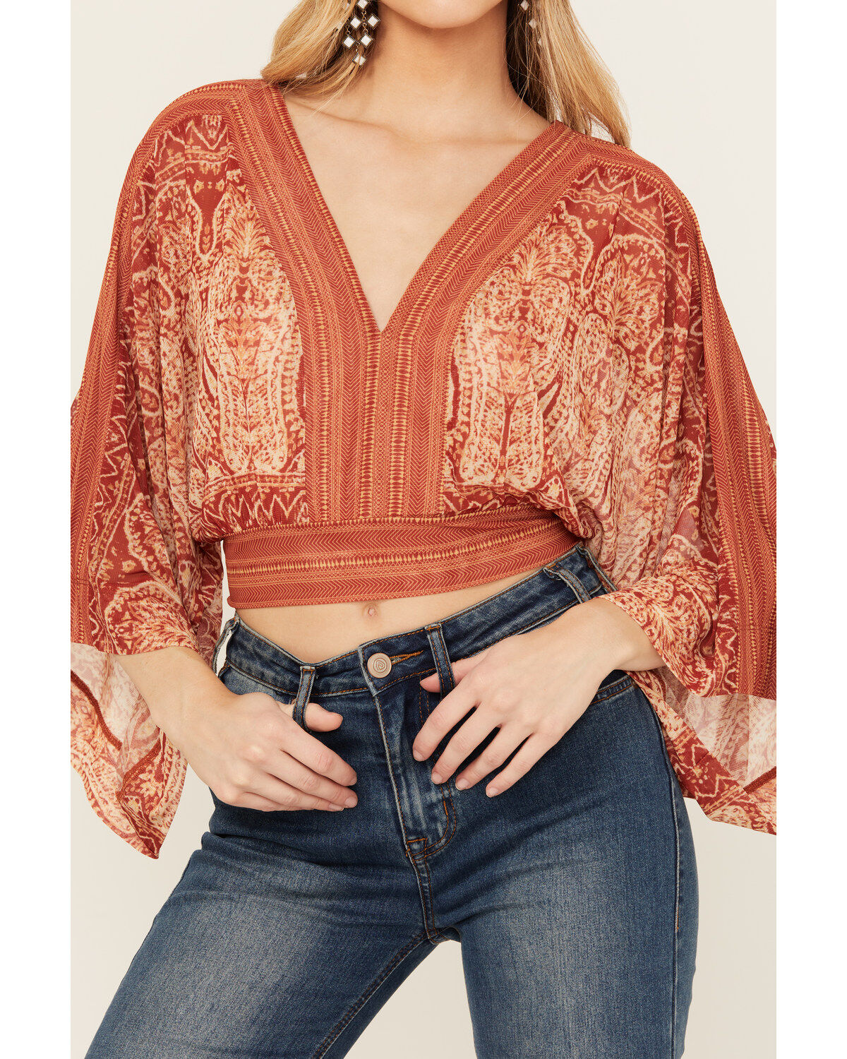Image #3 - Beyond The Radar Women's Mesh Printed Long Sleeve Crop Top, Rust Copper, hi-res