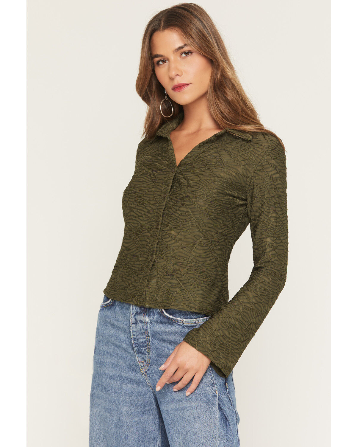 Image #1 - Panhandle Women's Jacquard Collared Top, Olive, hi-res