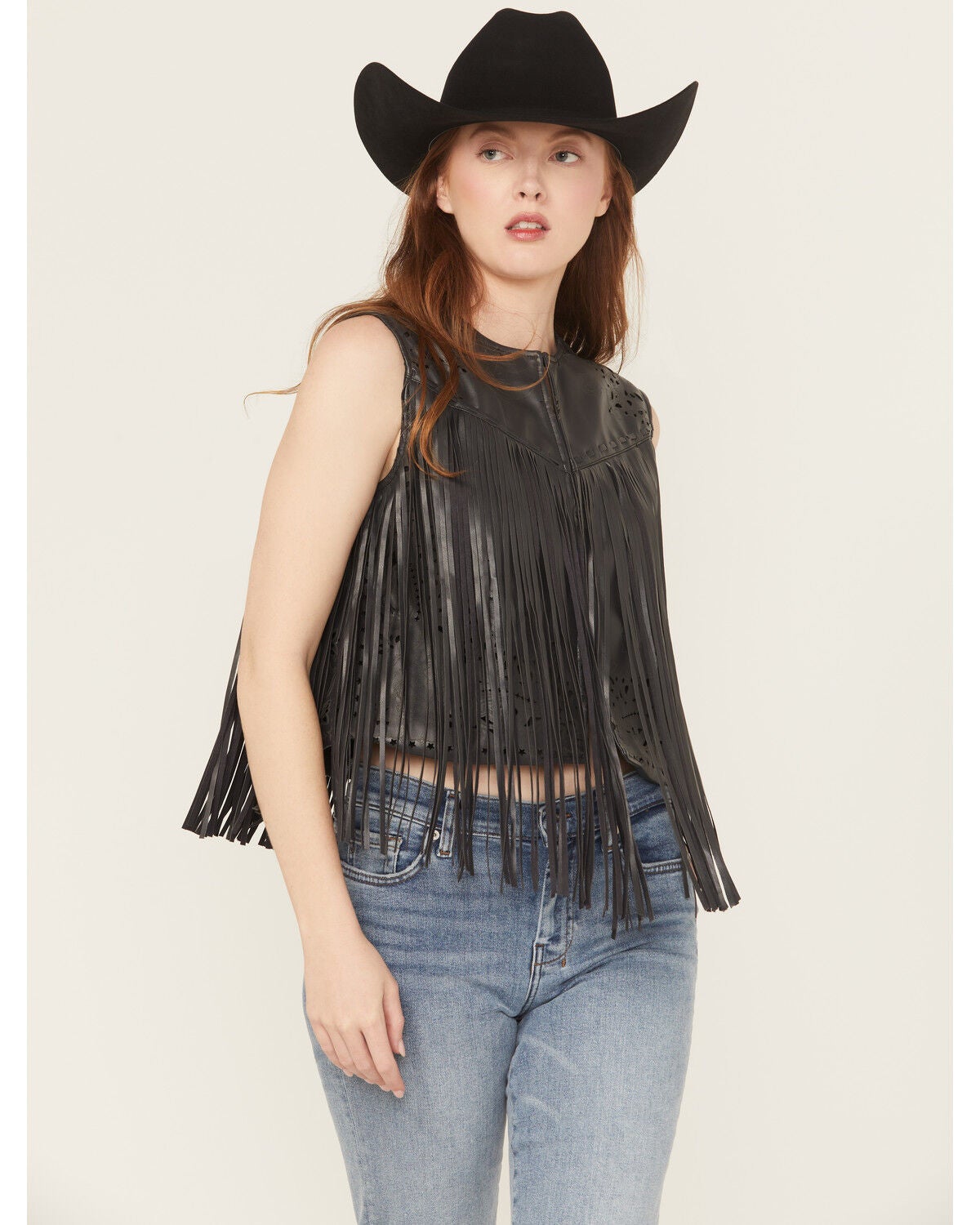 Blue B Women's Faux Leather Bandana Laser Cut Fringe Vest, Black, hi-res