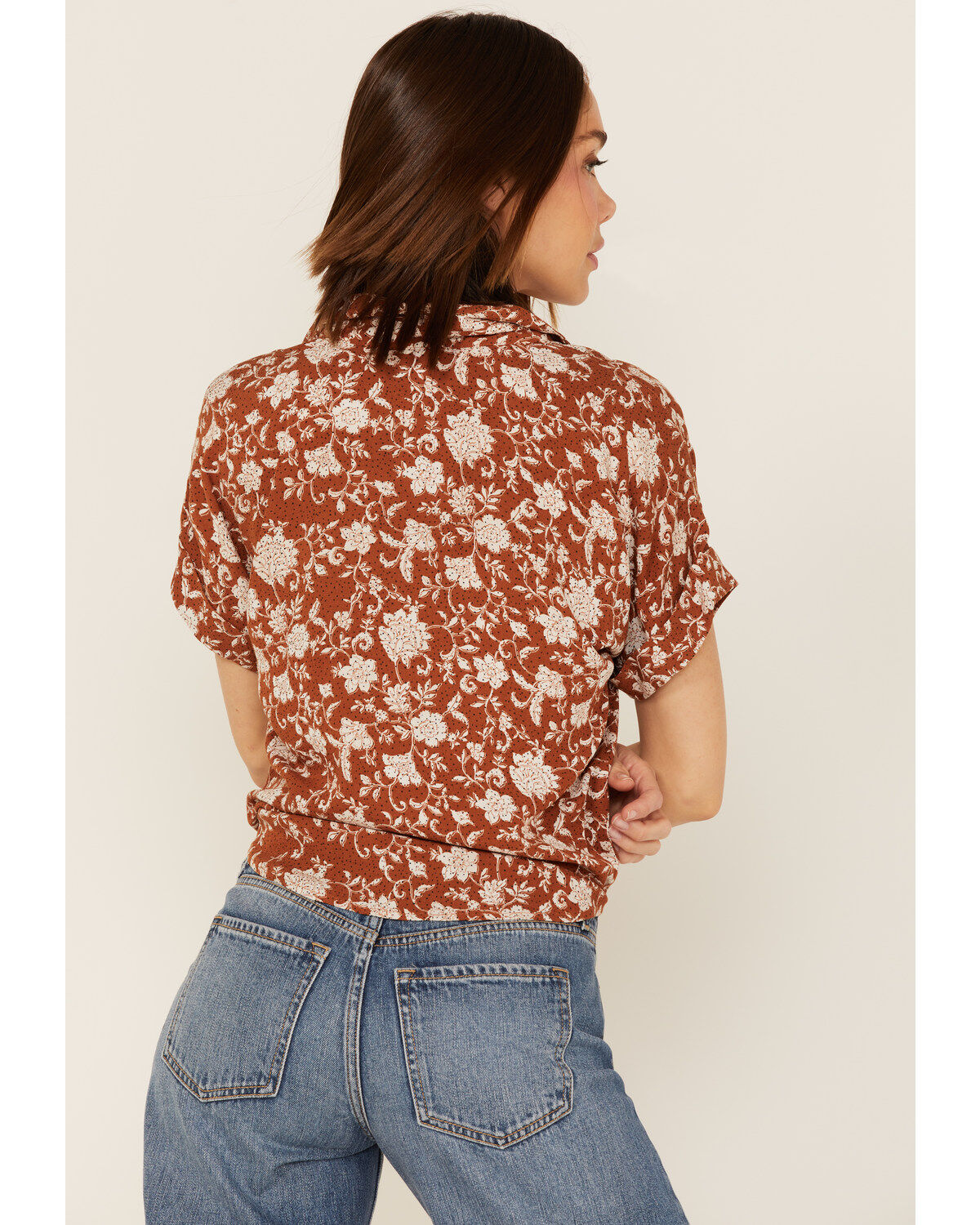 Image #4 - Shyanne Women's Floral Print Tie Front Short Sleeve Blouse, Brown, hi-res