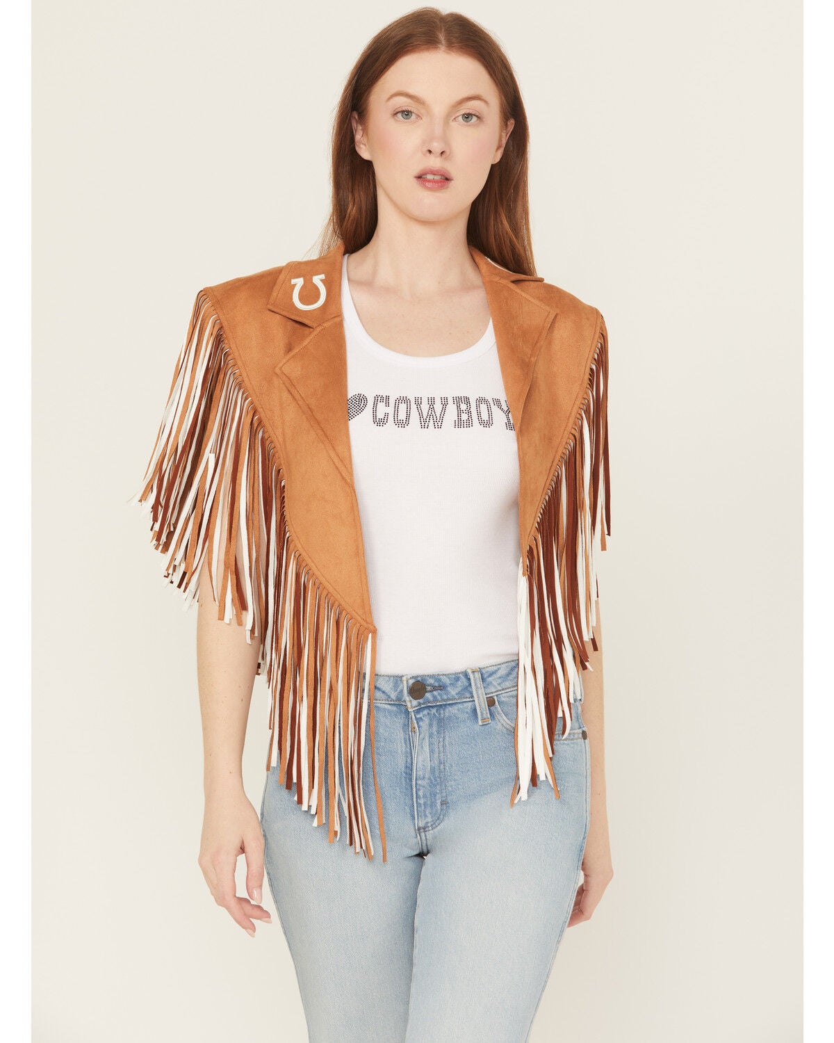 Saints & Hearts Women's Faux Suede Horseshoe Fringe Cape, Camel, hi-res