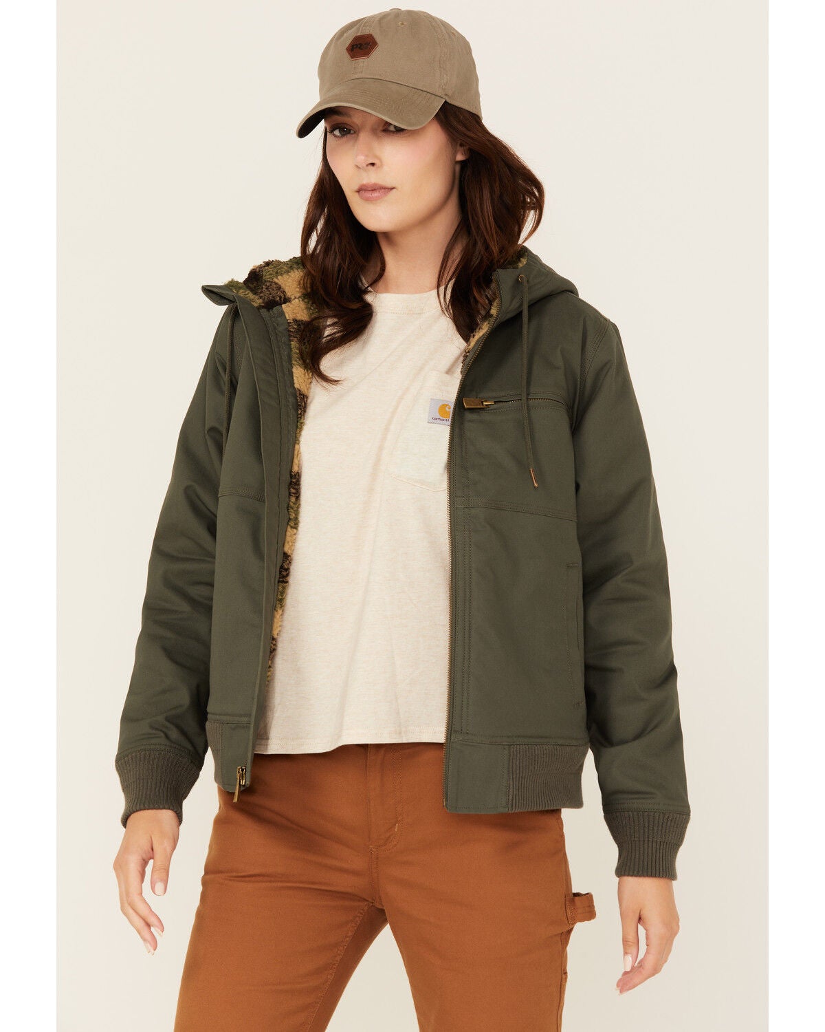 Lucky Brand Workwear Women's Chore Sherpa Lined Hooded Work Jacket, Olive, hi-res