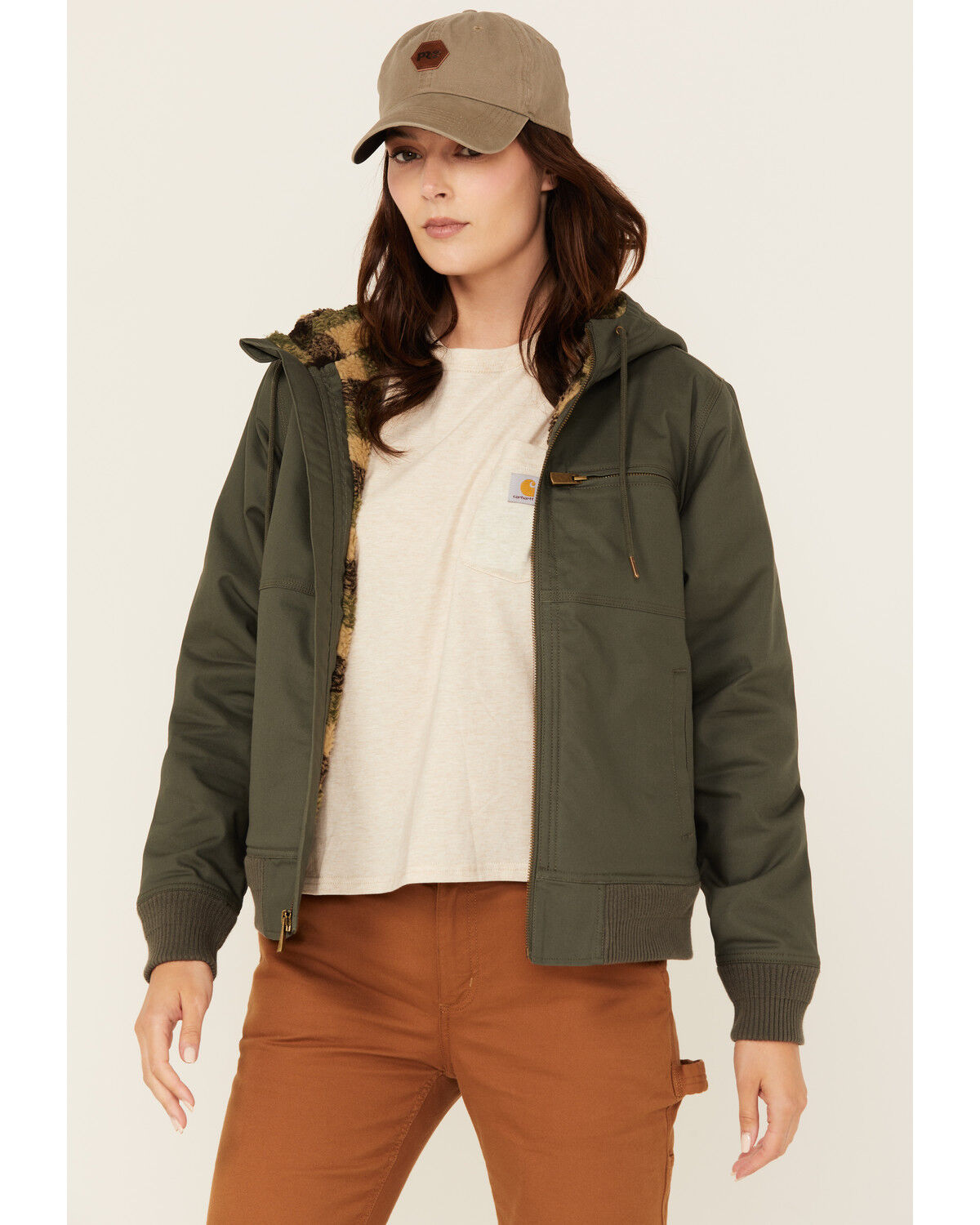 Image #1 - Lucky Brand Workwear Women's Chore Sherpa Lined Hooded Work Jacket, Olive, hi-res