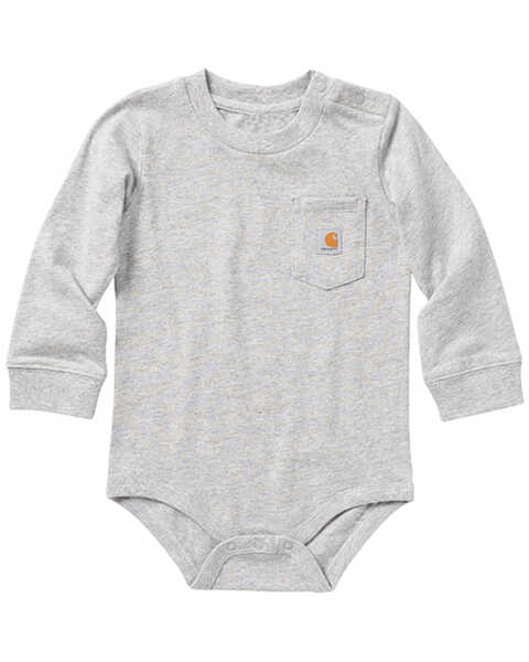 Carhartt Infant-Girls' Logo Pocket Long Sleeve Onesie, Grey, hi-res