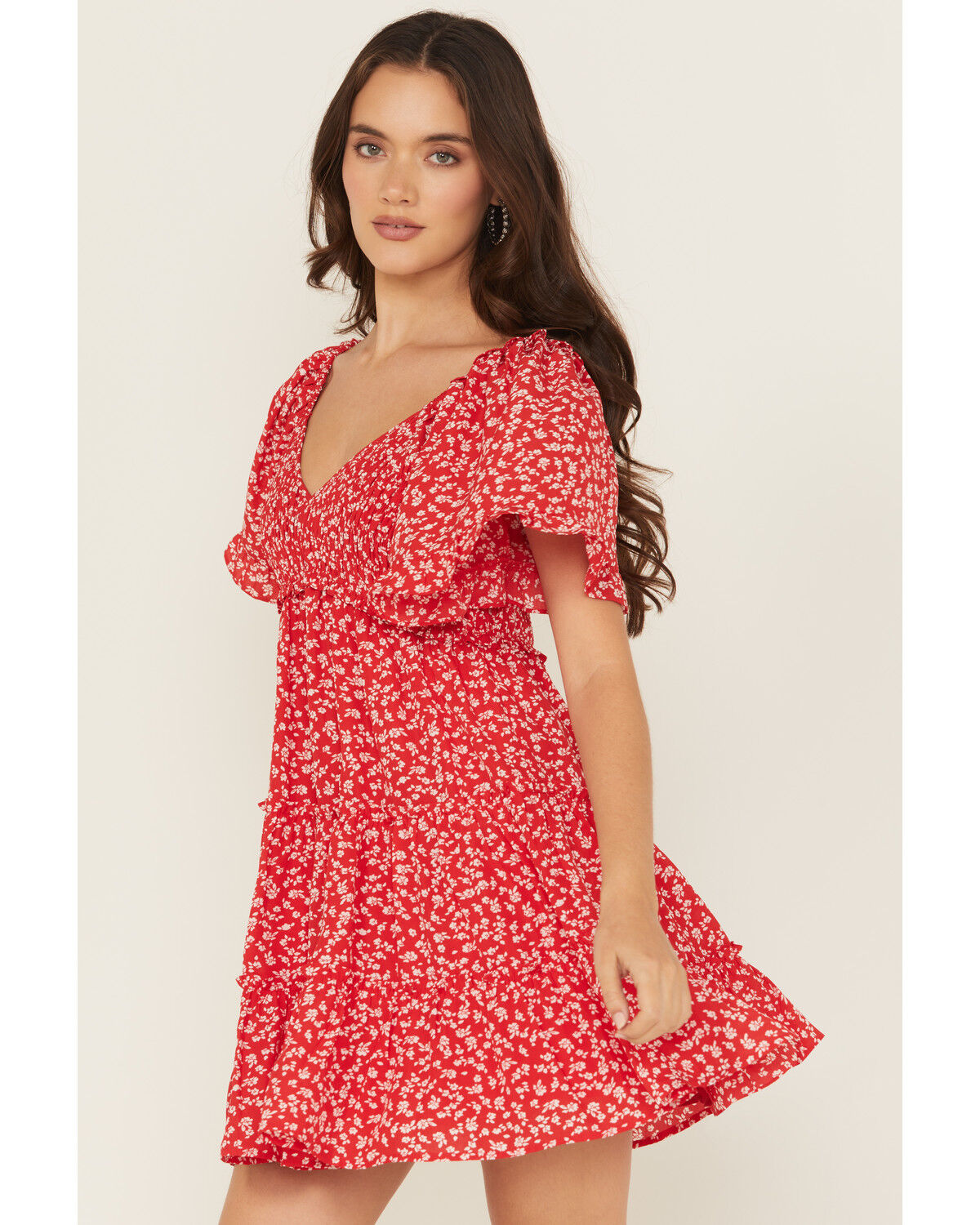 Image #2 - Yura Women's Floral Print Tiered Mini Dress, Red, hi-res